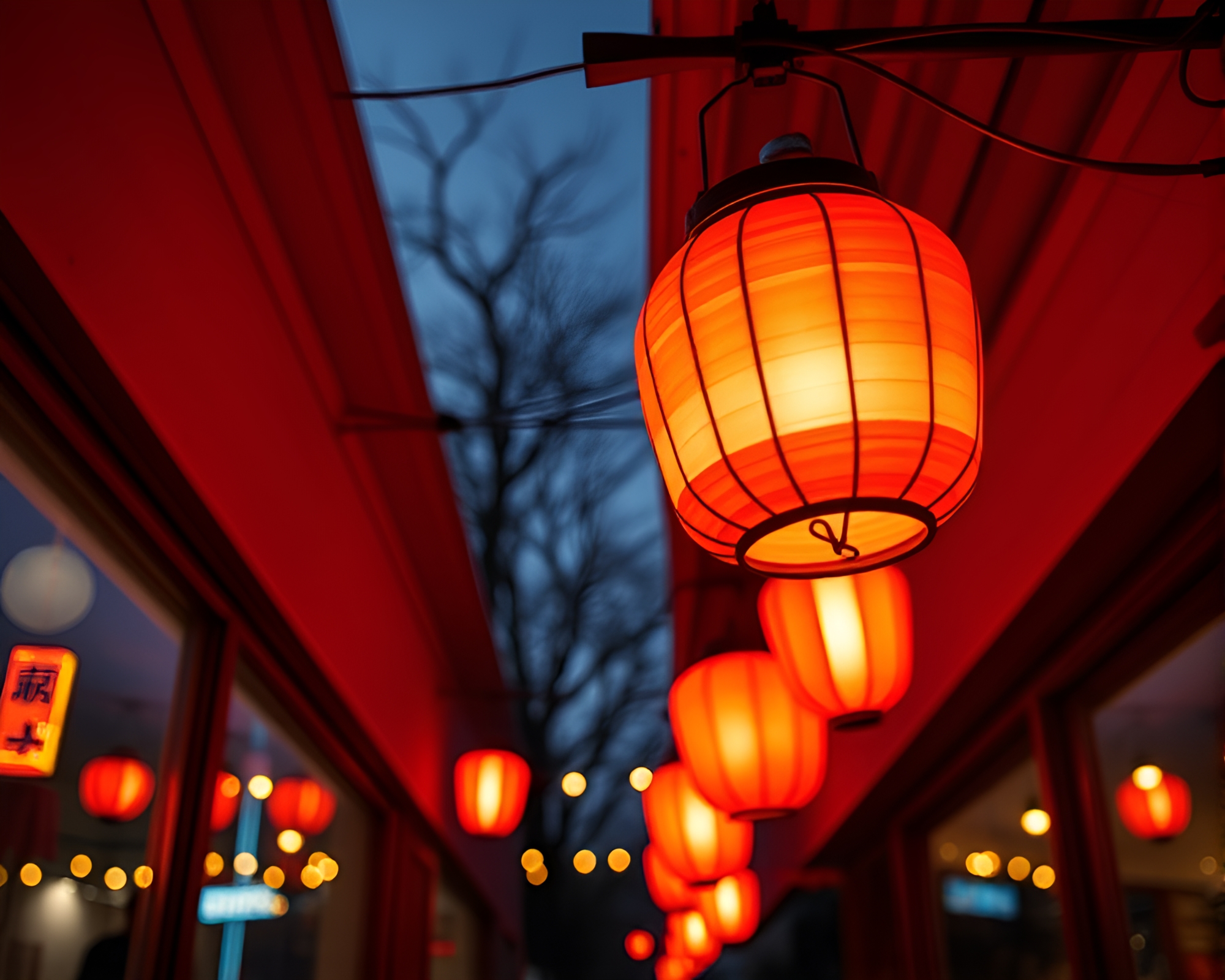 Neon Lantern Illuminating Warm Afternoon Glow – free AI stock image