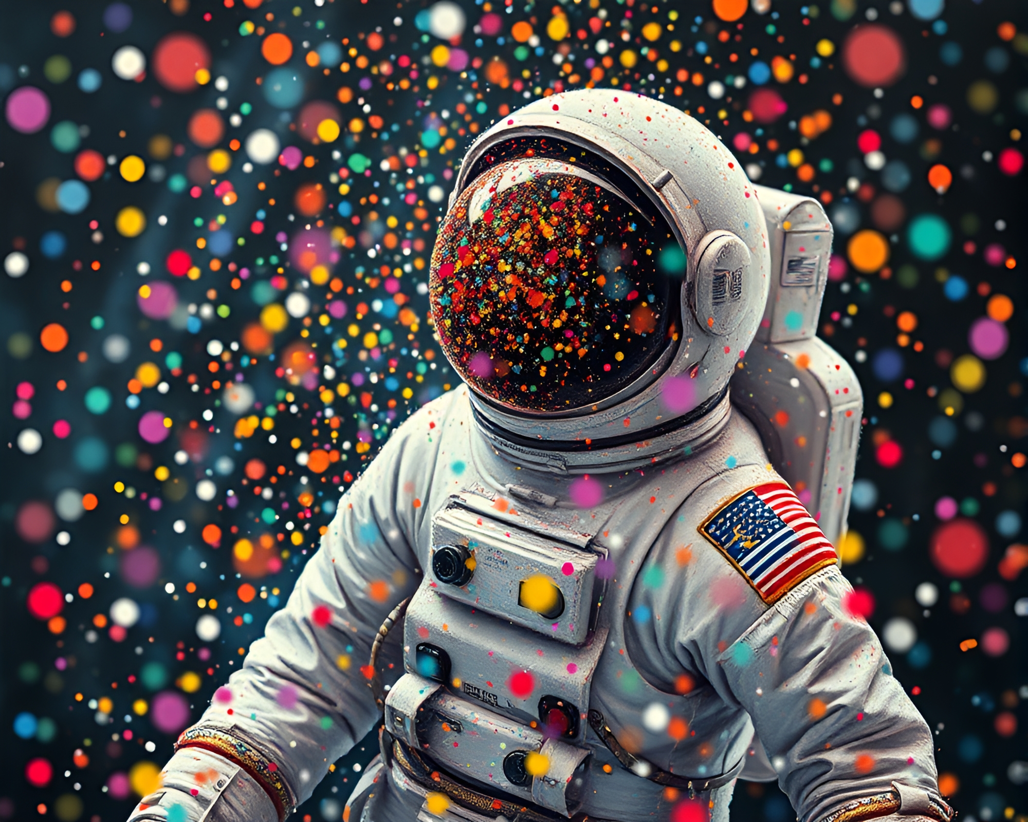Space Exploration: Astronaut in Colorful Confetti Burst – free AI stock image