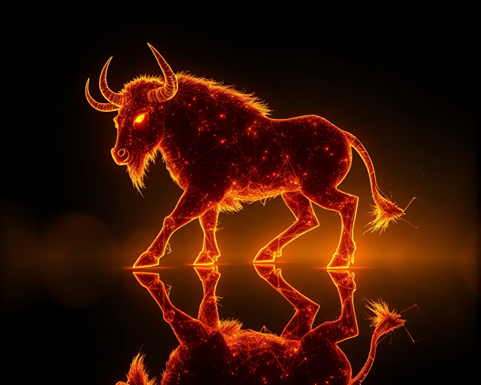 Majestic Minotaur glowing in the dark, reflected in water