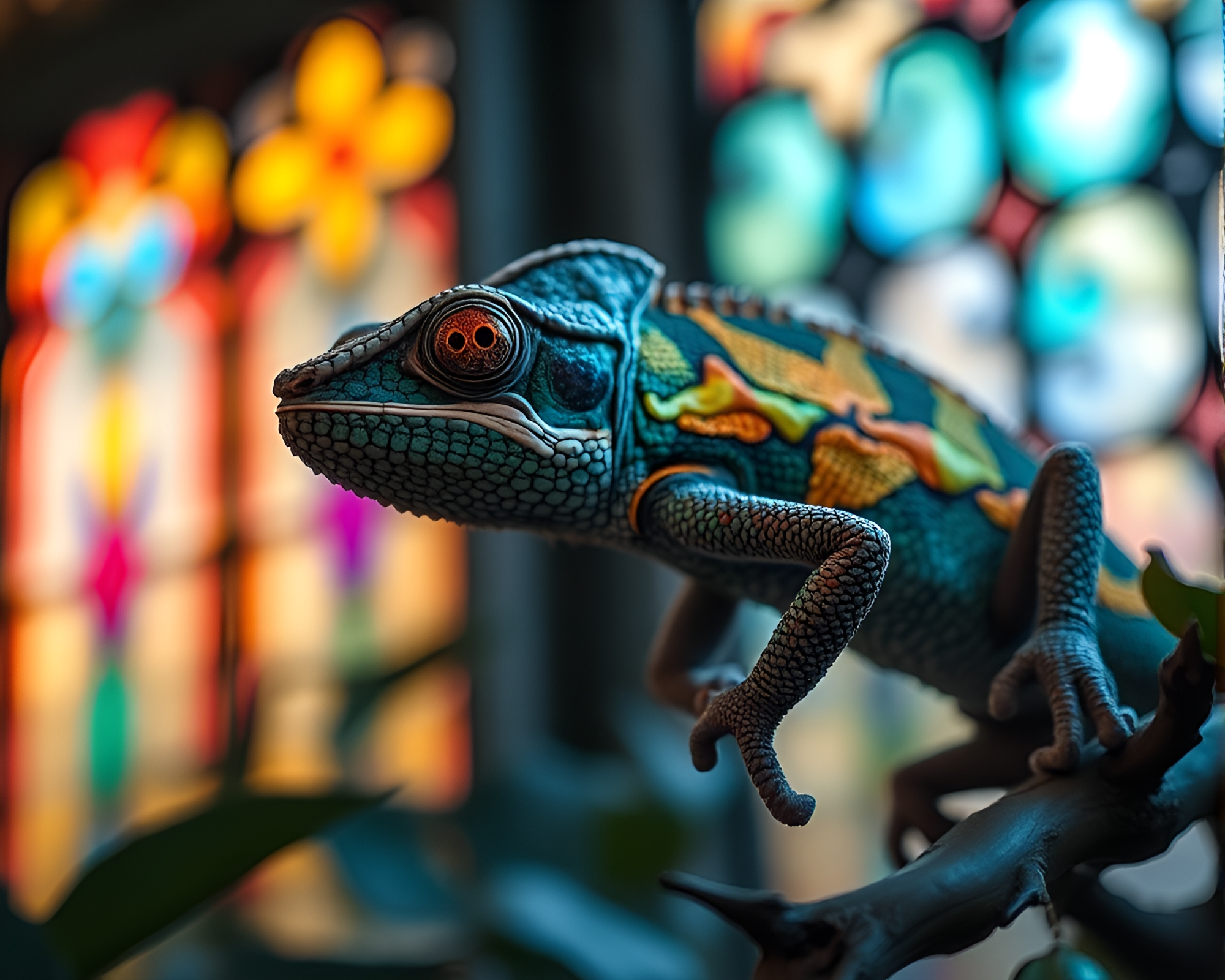 Chameleon in Stained Glass Jungle with HDR Lighting – free AI stock image