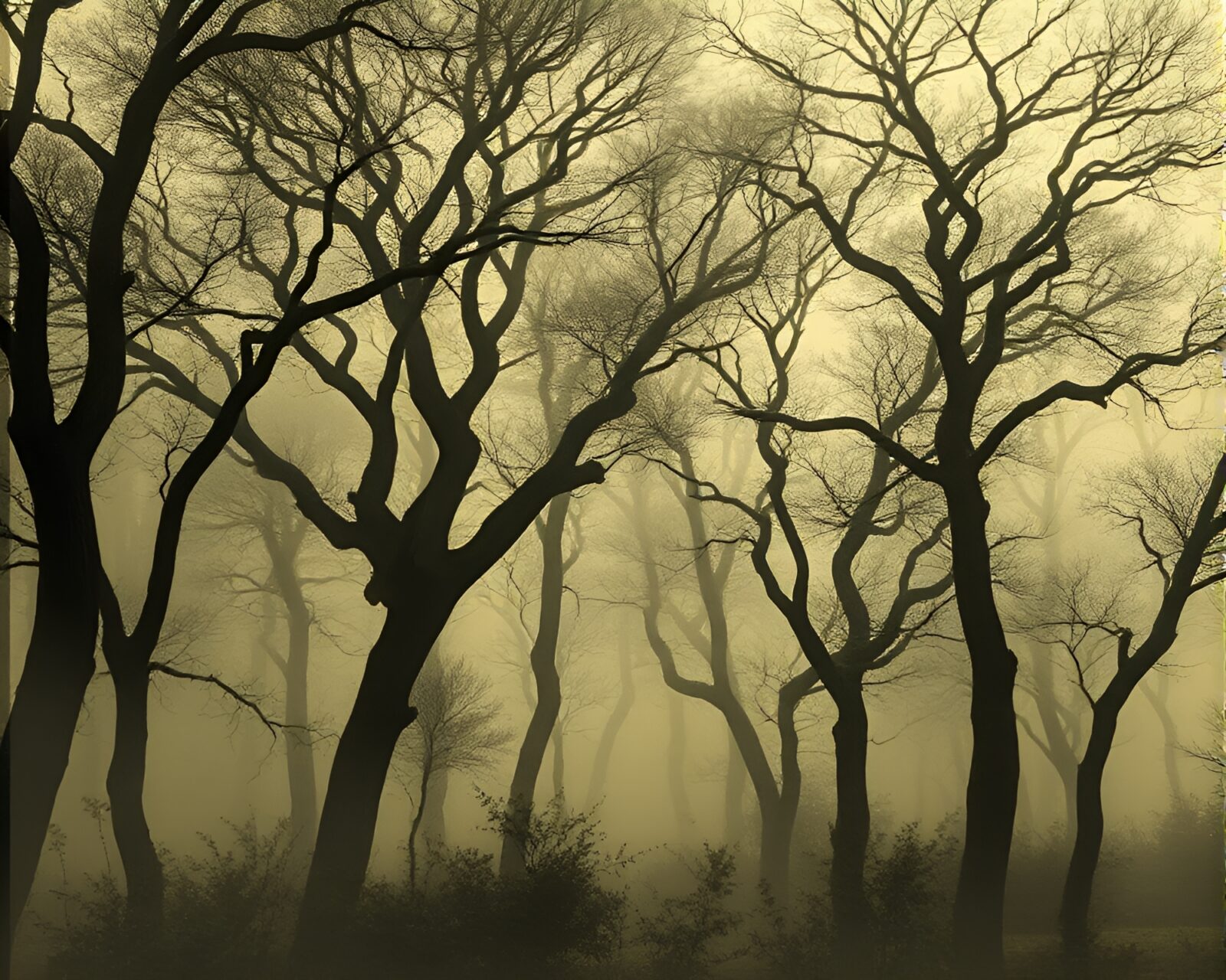 Misty forest with grain overlay in blueprint design