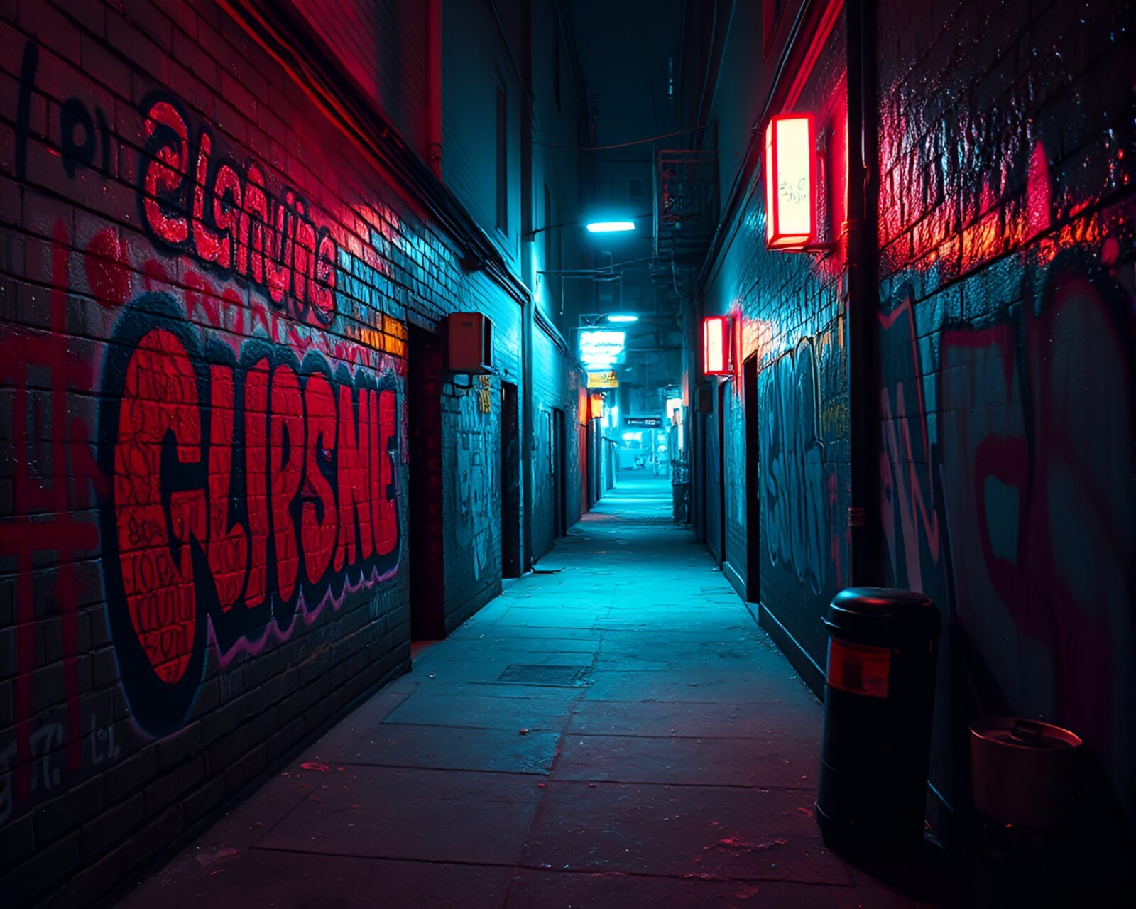 Detailed image of a cyberpunk alley glowing in torchlight