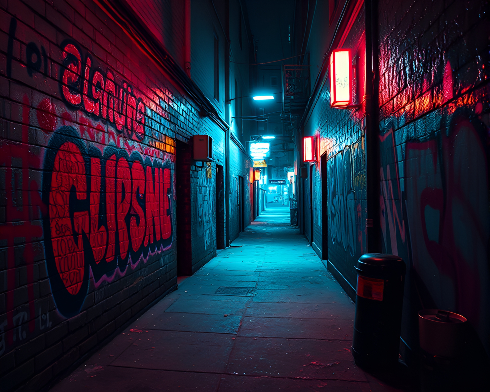 Cyberpunk Alley Stippled in Torchlight Graffiti – free AI stock image