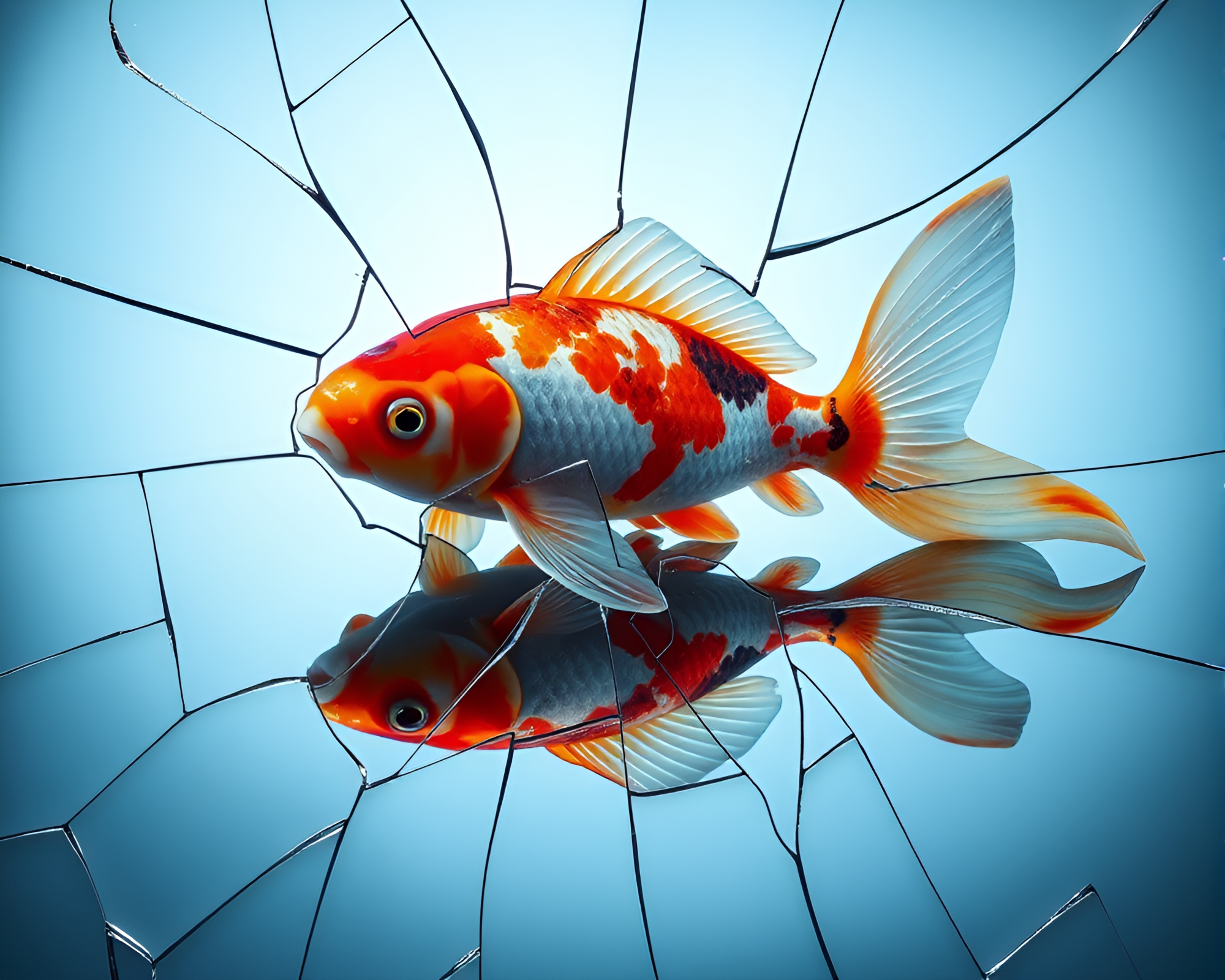 Koi Fish Reflection in Broken Glass, Steel-Blue Aura – free AI stock image