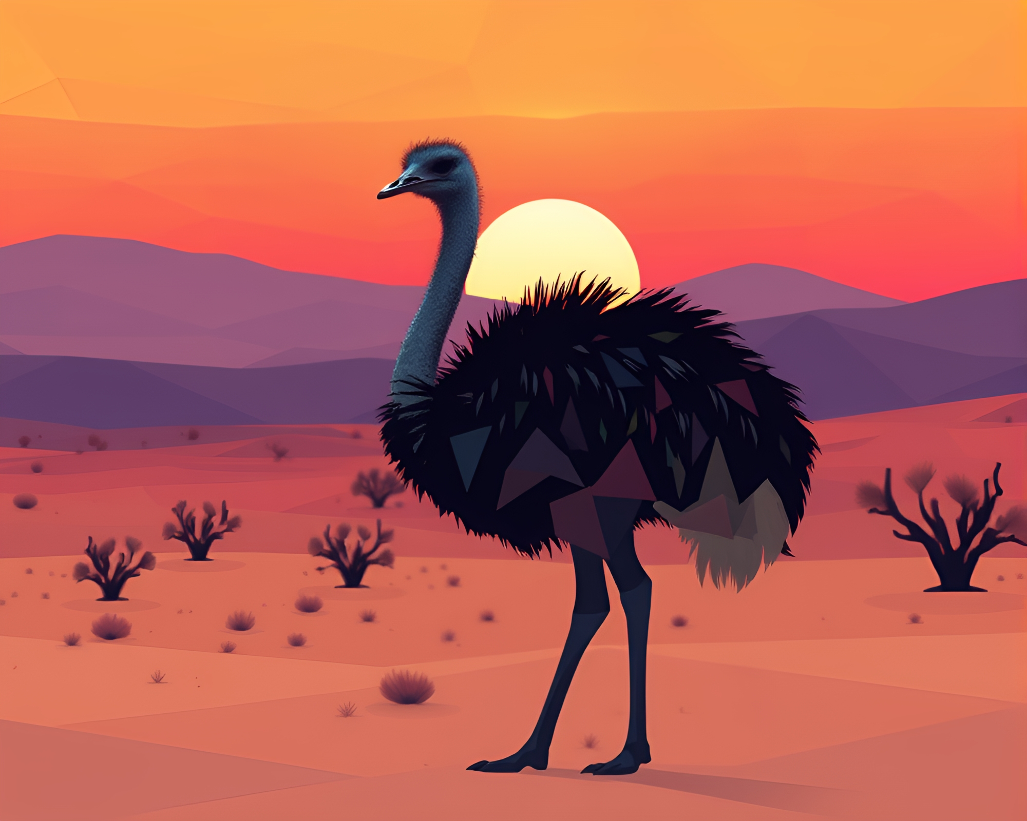 Ostrich Silhouettes in Algorithmic Desert Sunset Art – free AI stock image