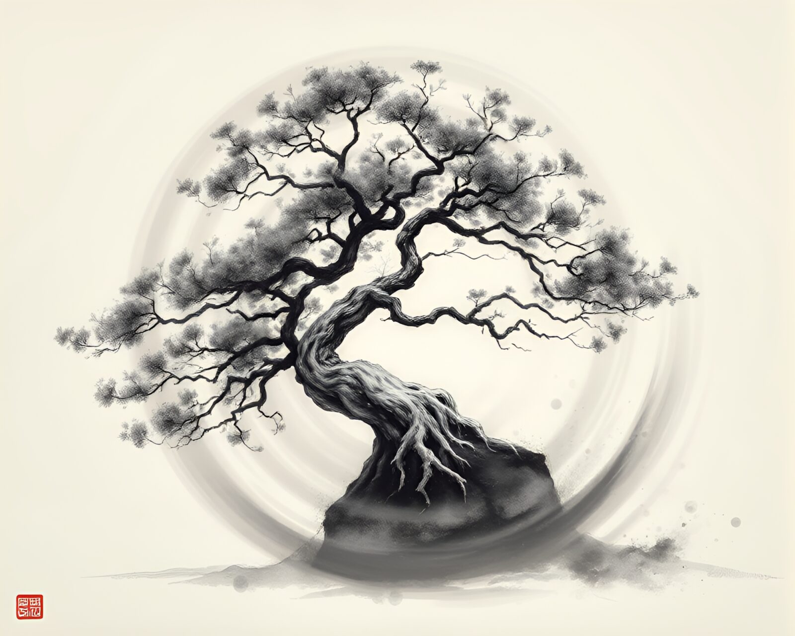 Bonsai tree surrounded by swirling volcanic ash with sumi-e brushwork