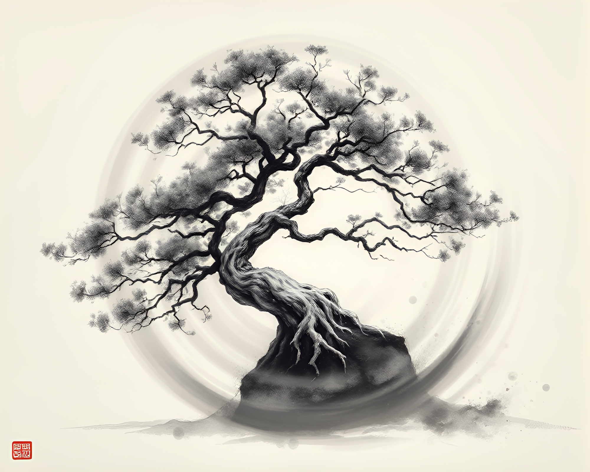 Swirling Bonsai Tree in Volcanic Ash Mist – free AI stock image