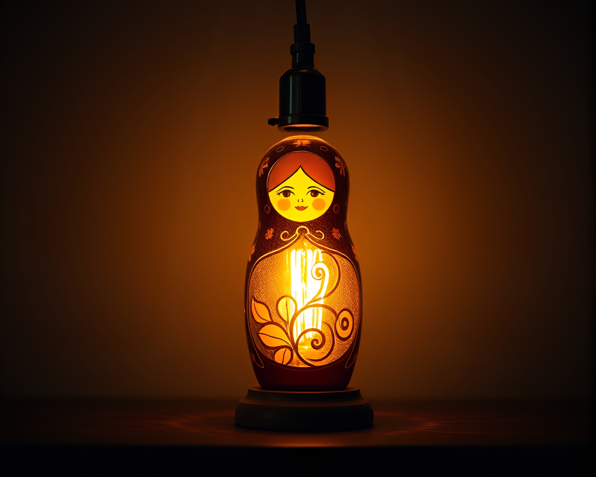 Golden Spiral Matryoshka in Library Lamp Light – free AI stock image