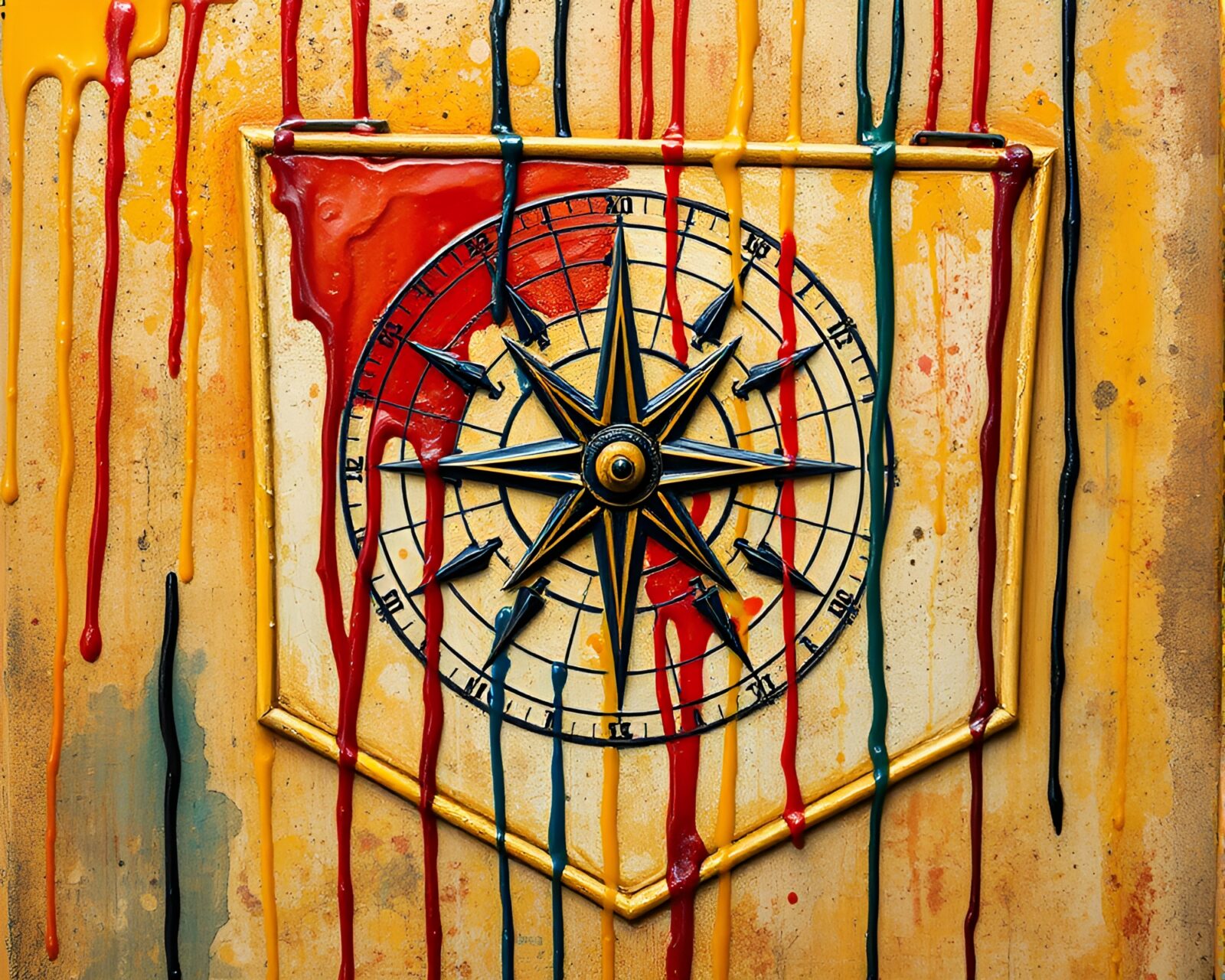 Colorful pocket sundial surrounded by dripping paint in bright light