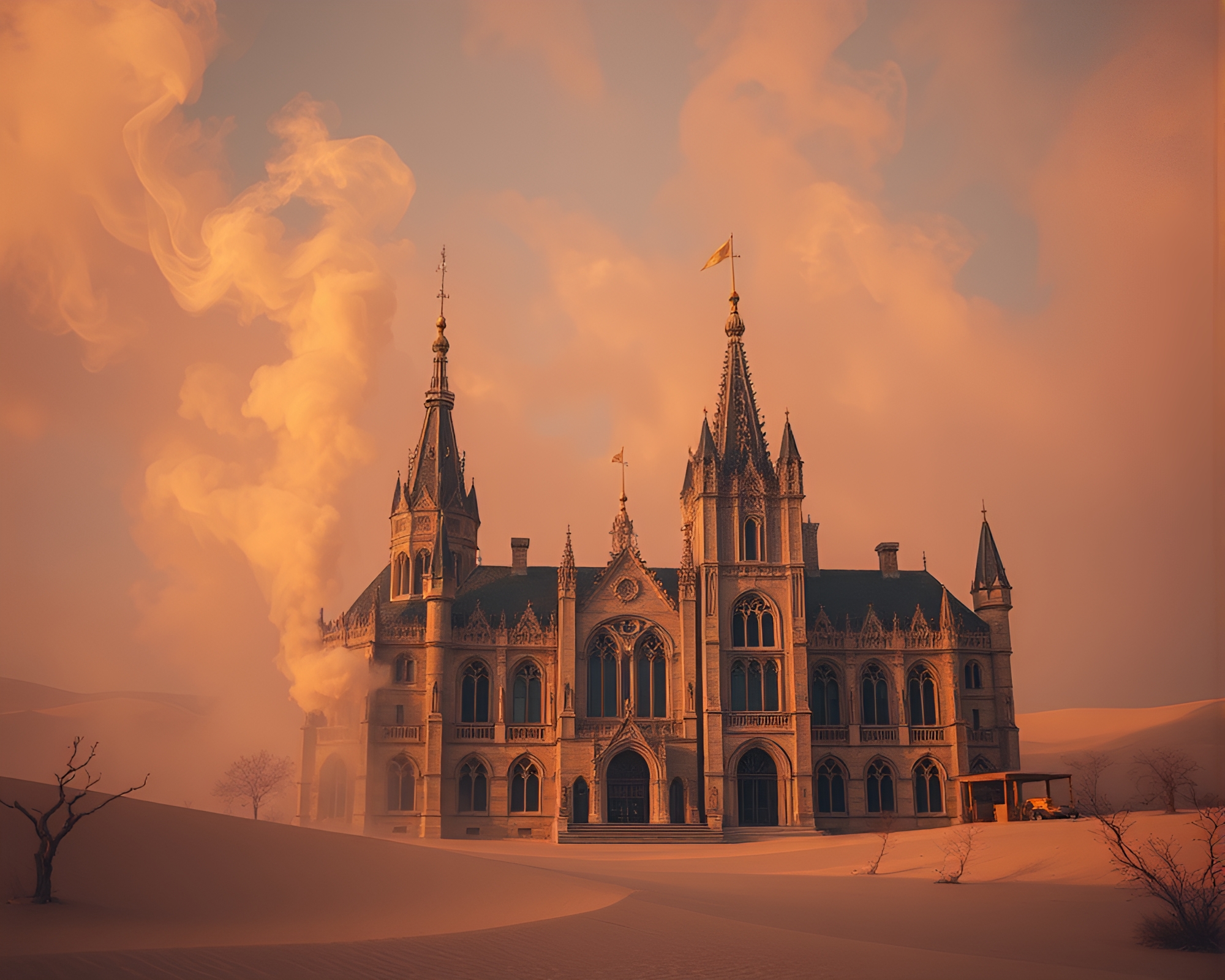 Ethereal Neo-Gothic Mansion in Desert Hues – free AI stock image