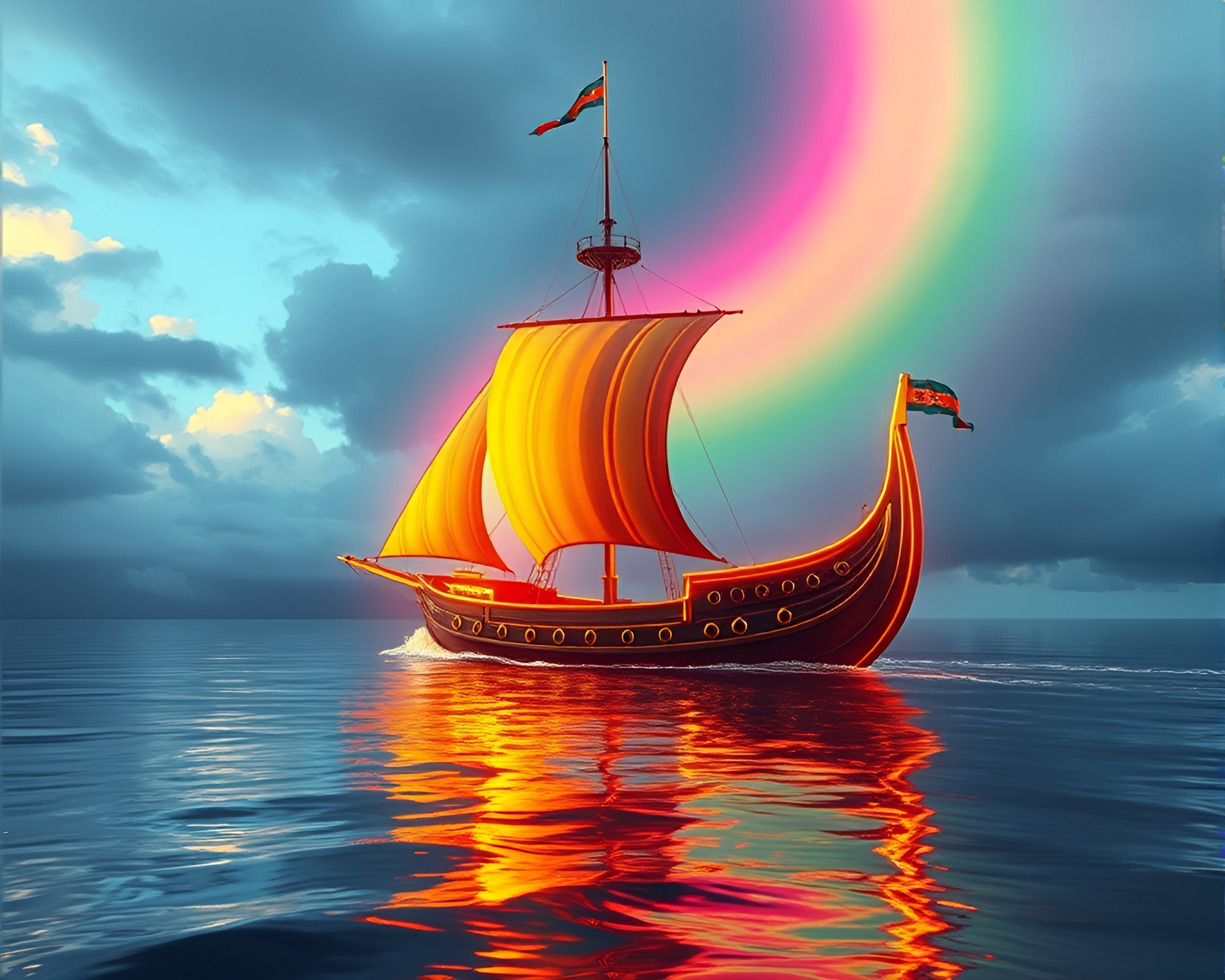 Viking longship sailing through iridescent oil slick rainbow – free AI stock image