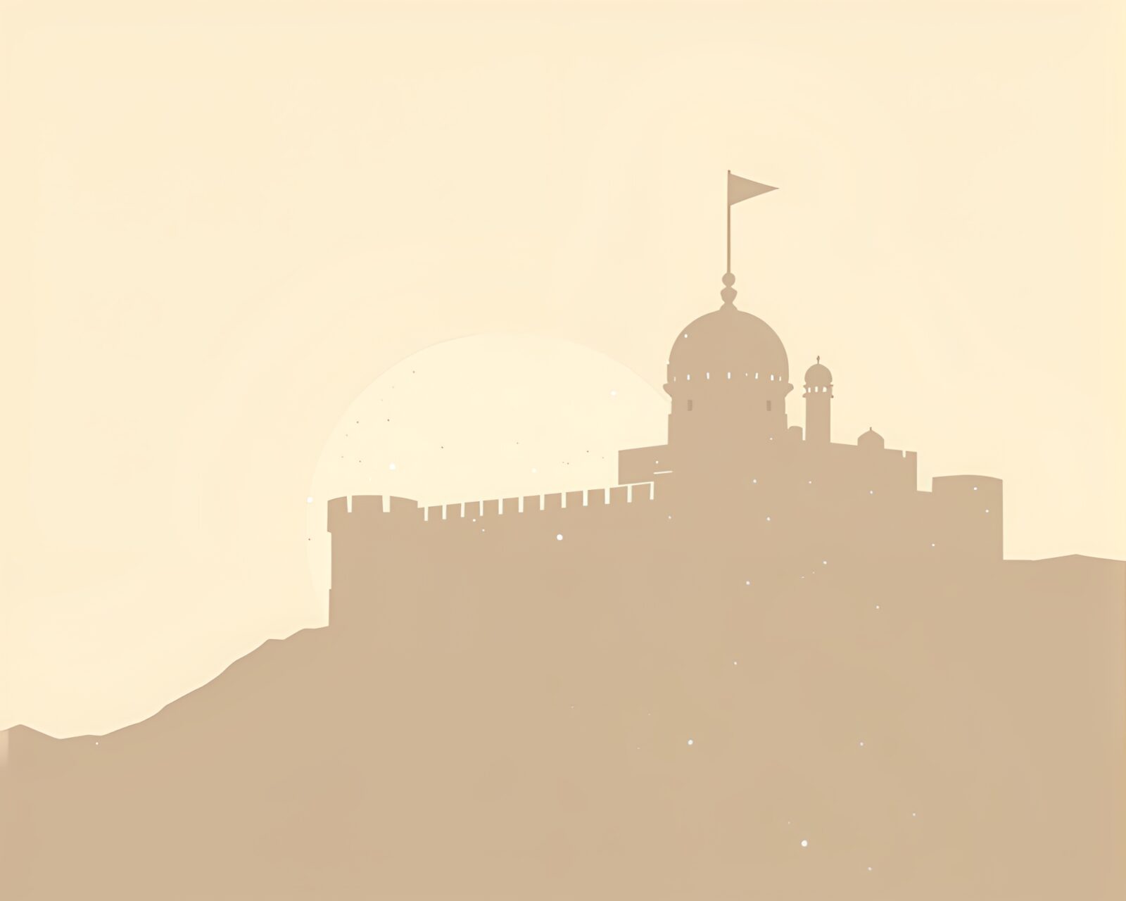 A stunning silhouette of a deserted castle in off-white warmth and stipple shading.