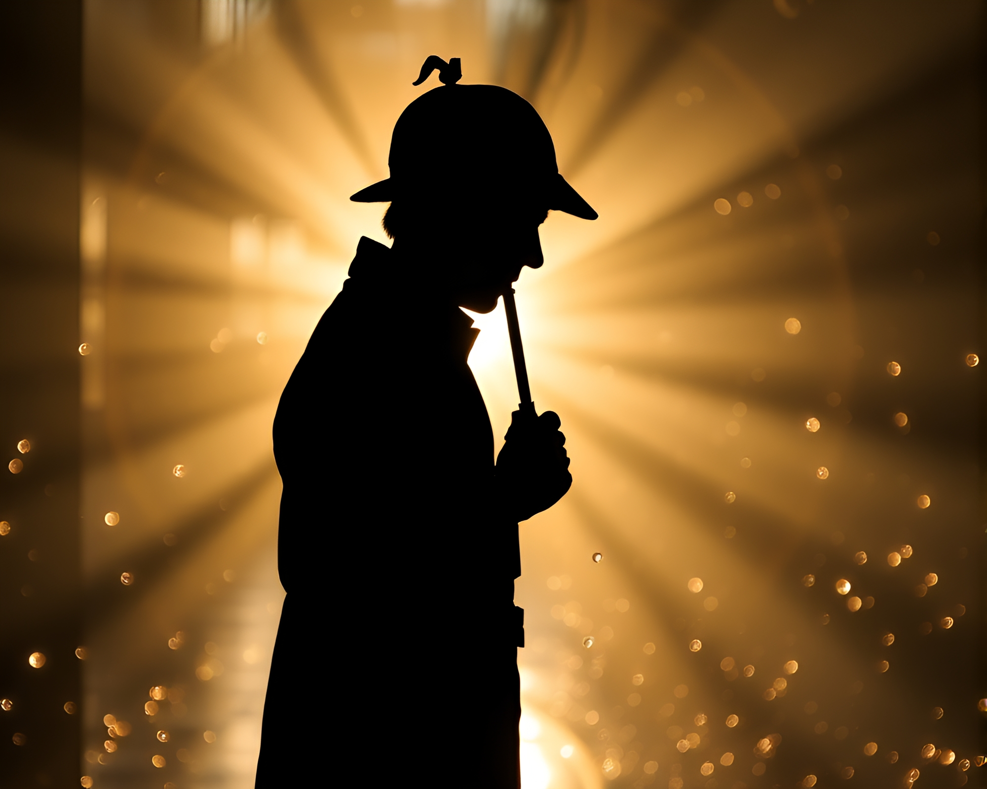 Sherlock Holmes Shadow in Sunbeam Reflection on Wet Glass – free AI stock image