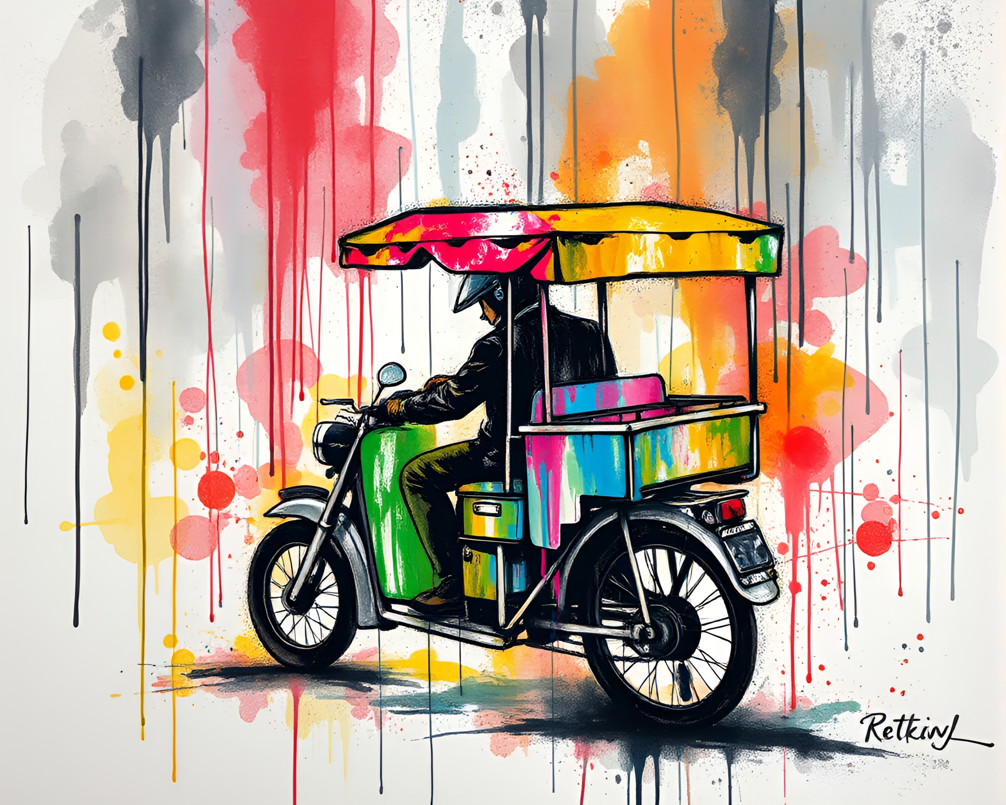 Glitch Rickshaw Ride Through Ink Splatter Art – free AI stock image