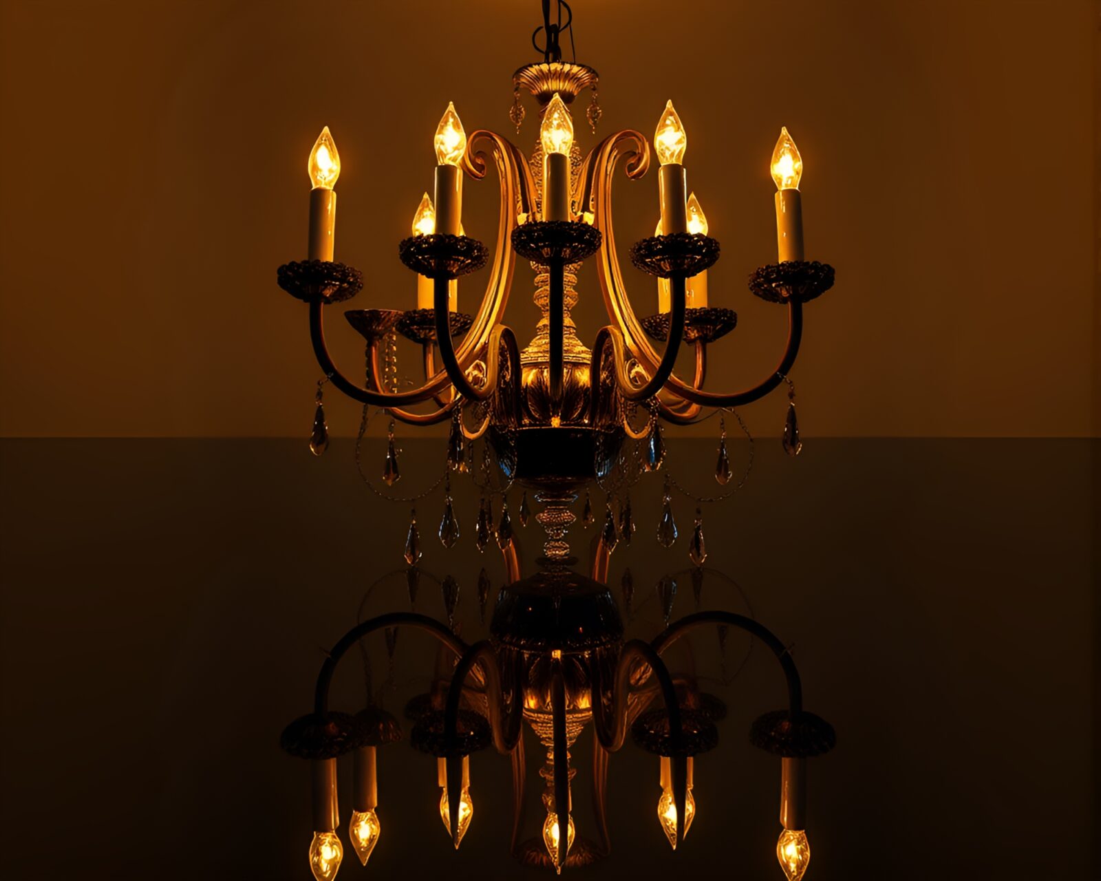 Fluid simulation of ornate chandelier's double reflection in gradient lighting