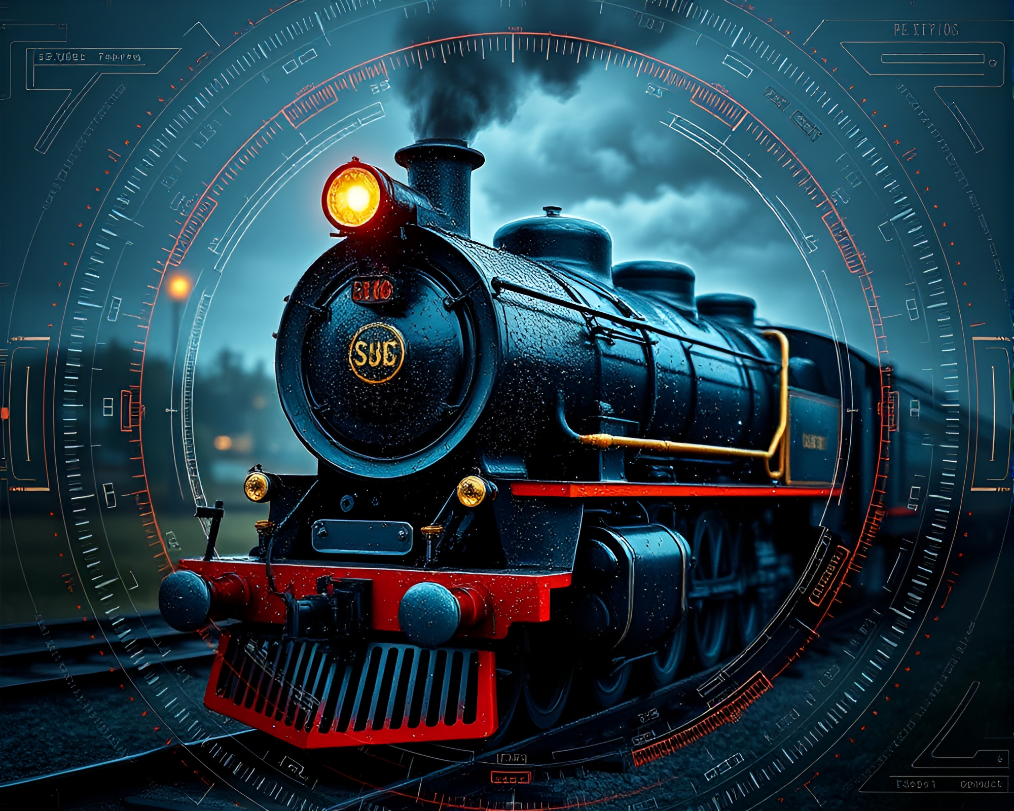 Futuristic steam locomotive with dew drops lens vignette – free AI stock image
