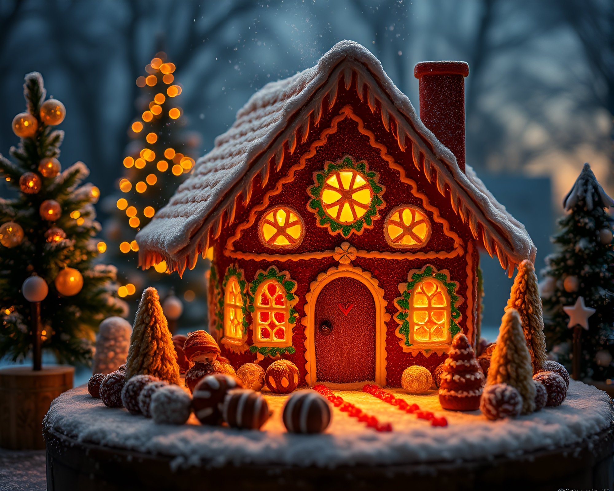 Gingerbread House Feather Dusting at Golden Hour – free AI stock image