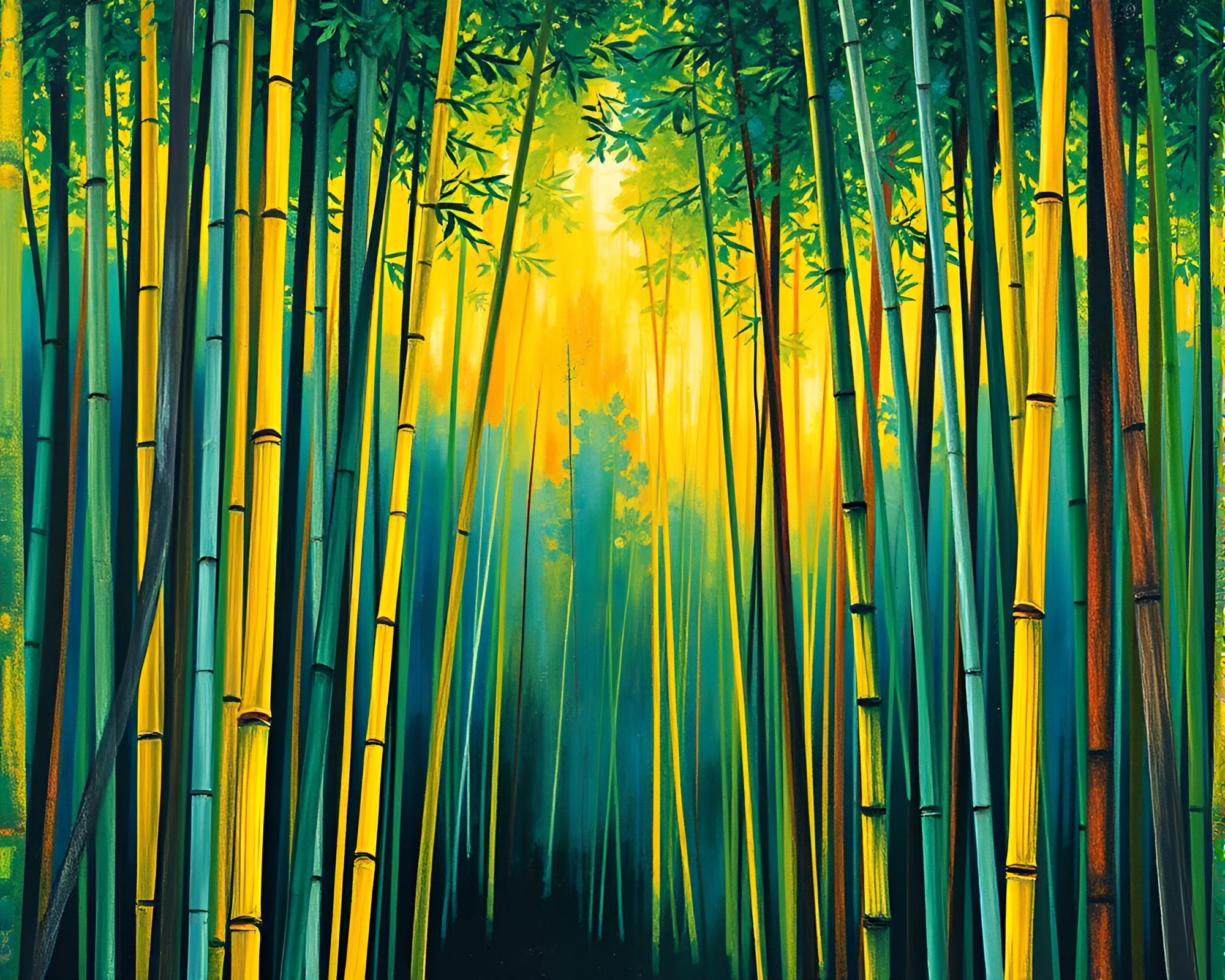 Bamboo Grove Illuminated by Fiber Optics: Impasto Fantasy – free AI stock image