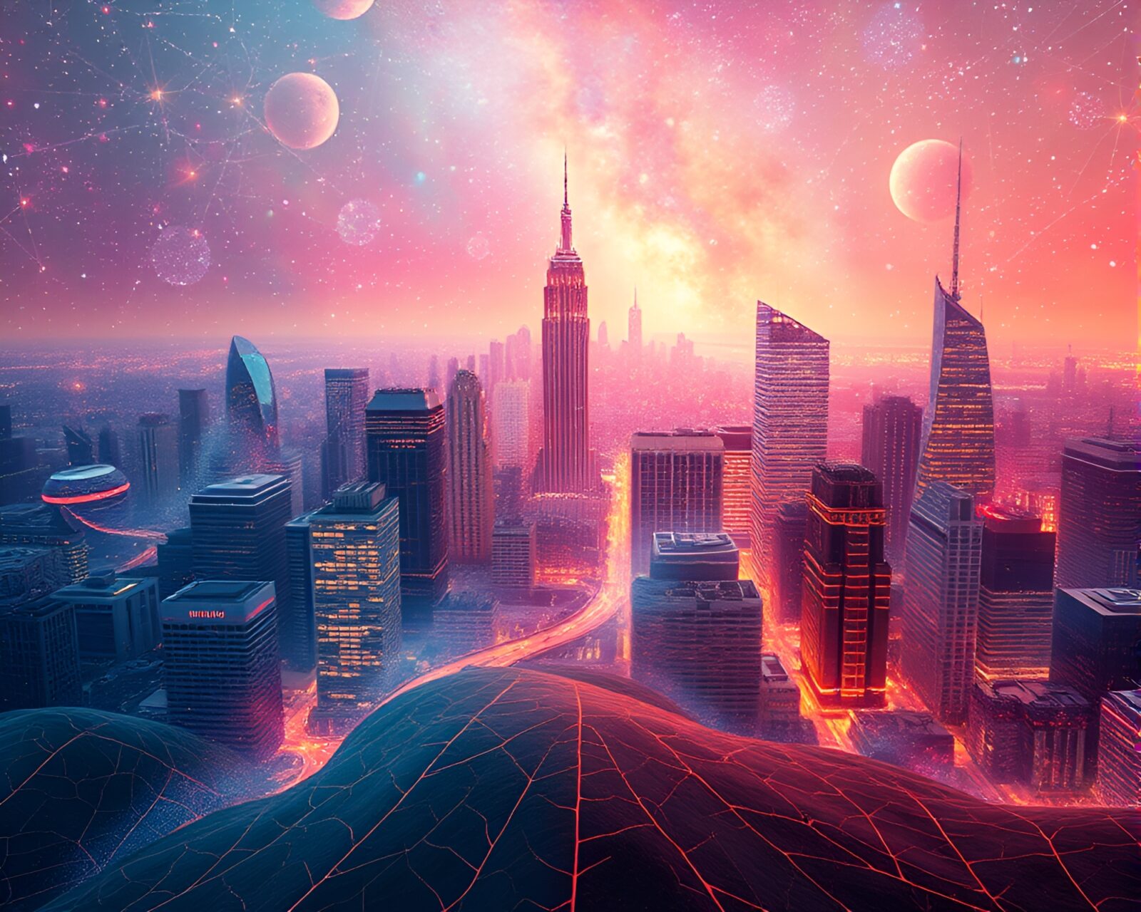 Stereoscopic 3D cityscape with leaf vein patterns and cosmic hues