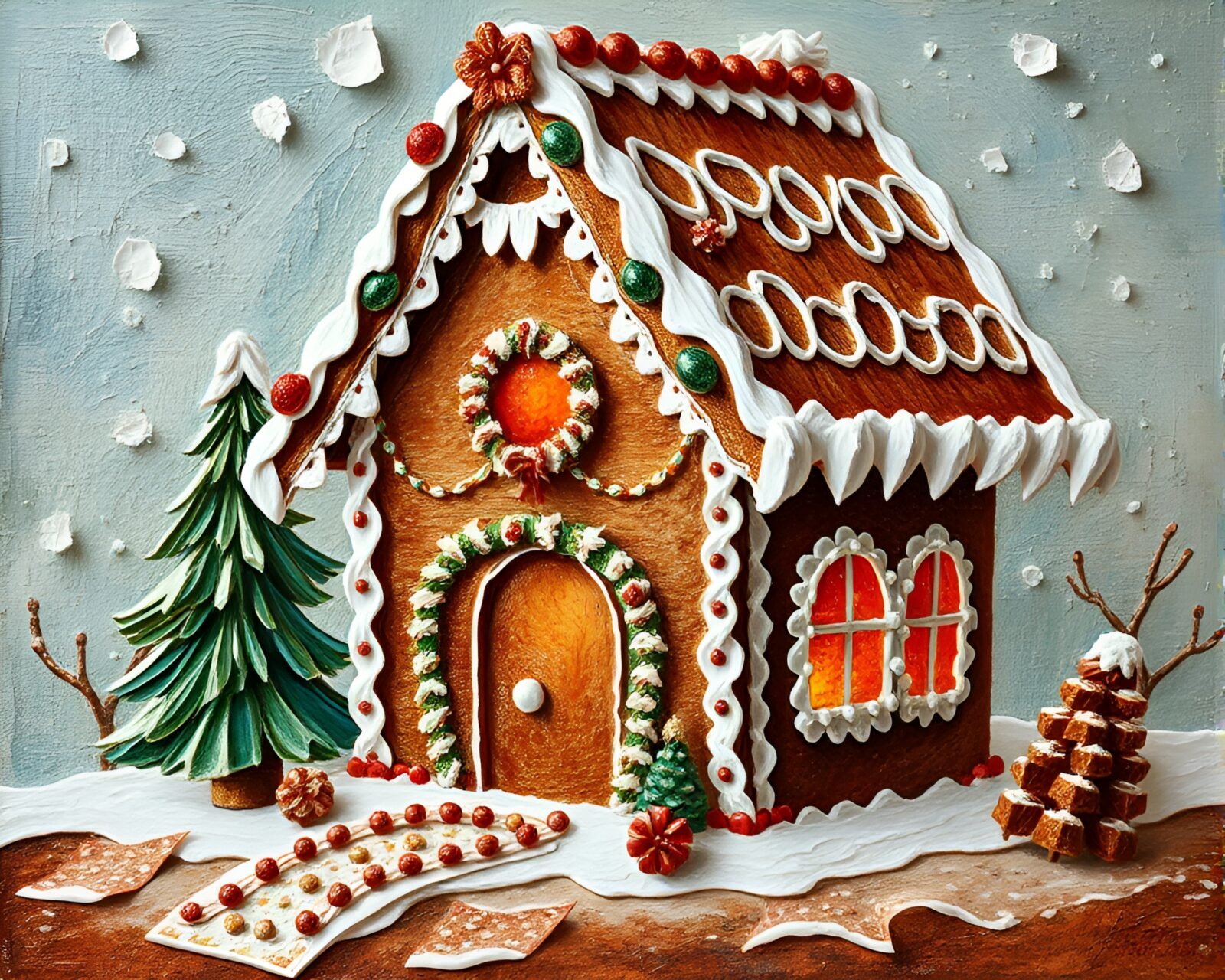 Torn paper reveals crumbling gingerbread house in vibrant copper hues