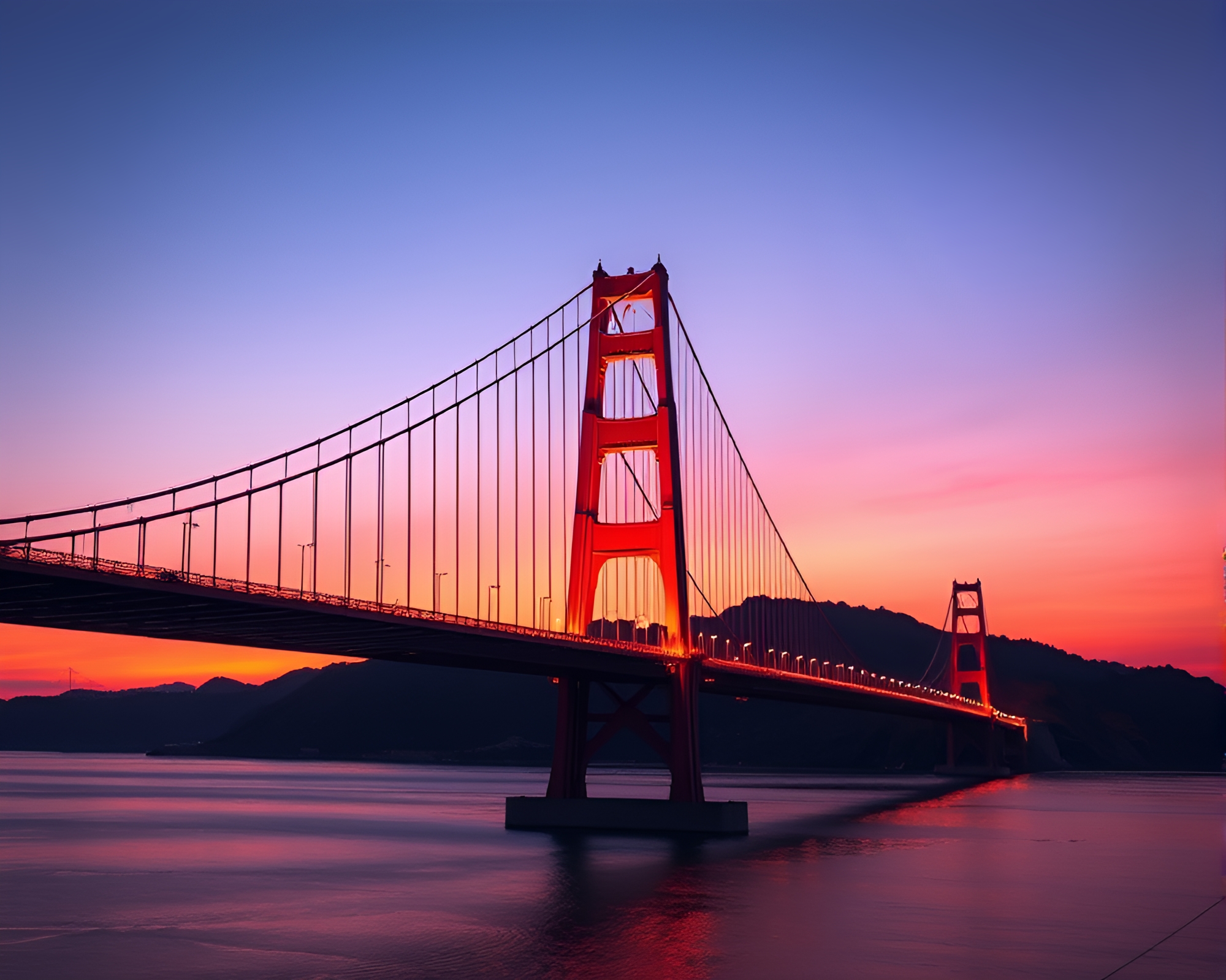 Sunset Suspension Bridge Lithography – free AI stock image