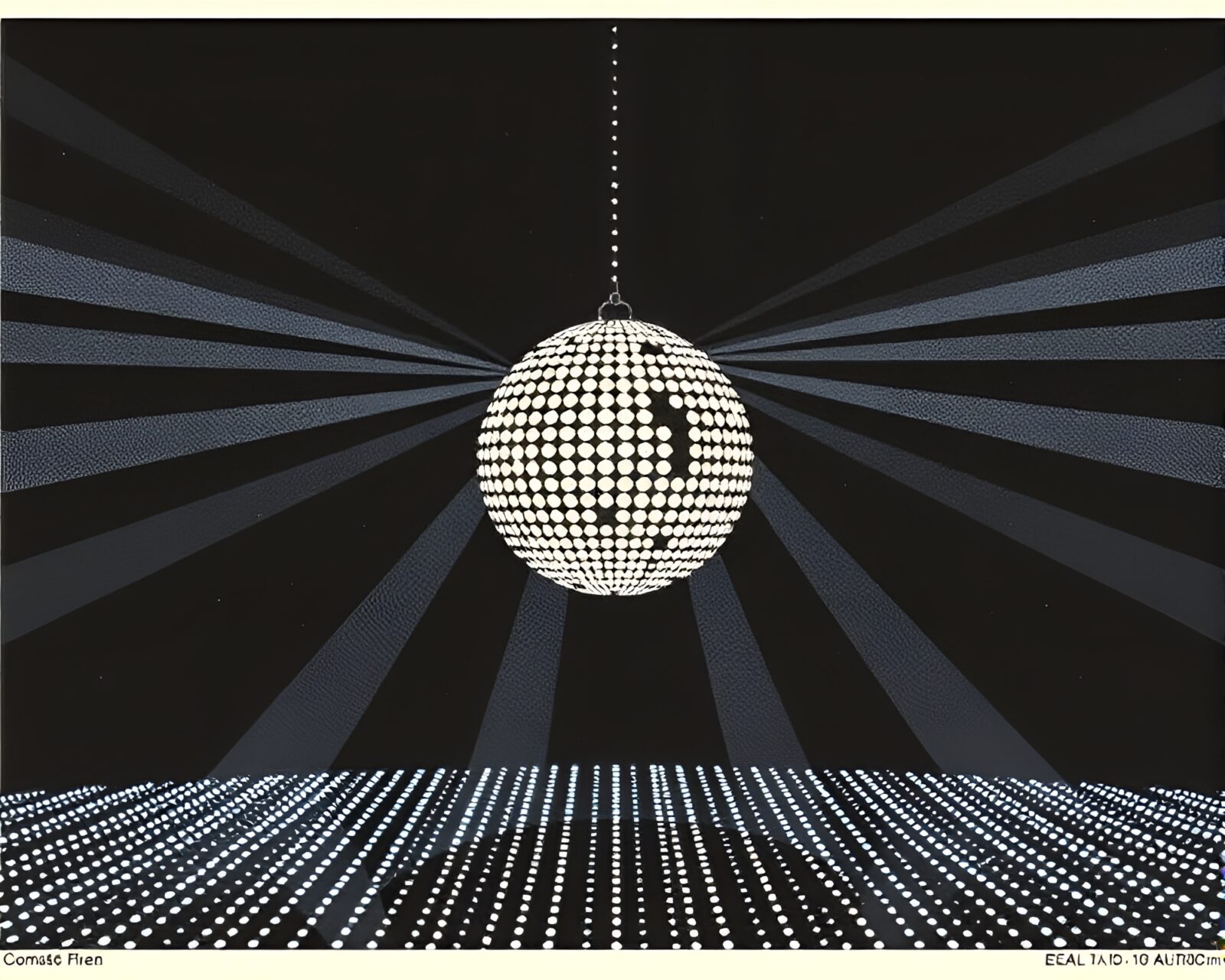 Vibrant linocut print of disco ball themed baguette in LED pixel grid