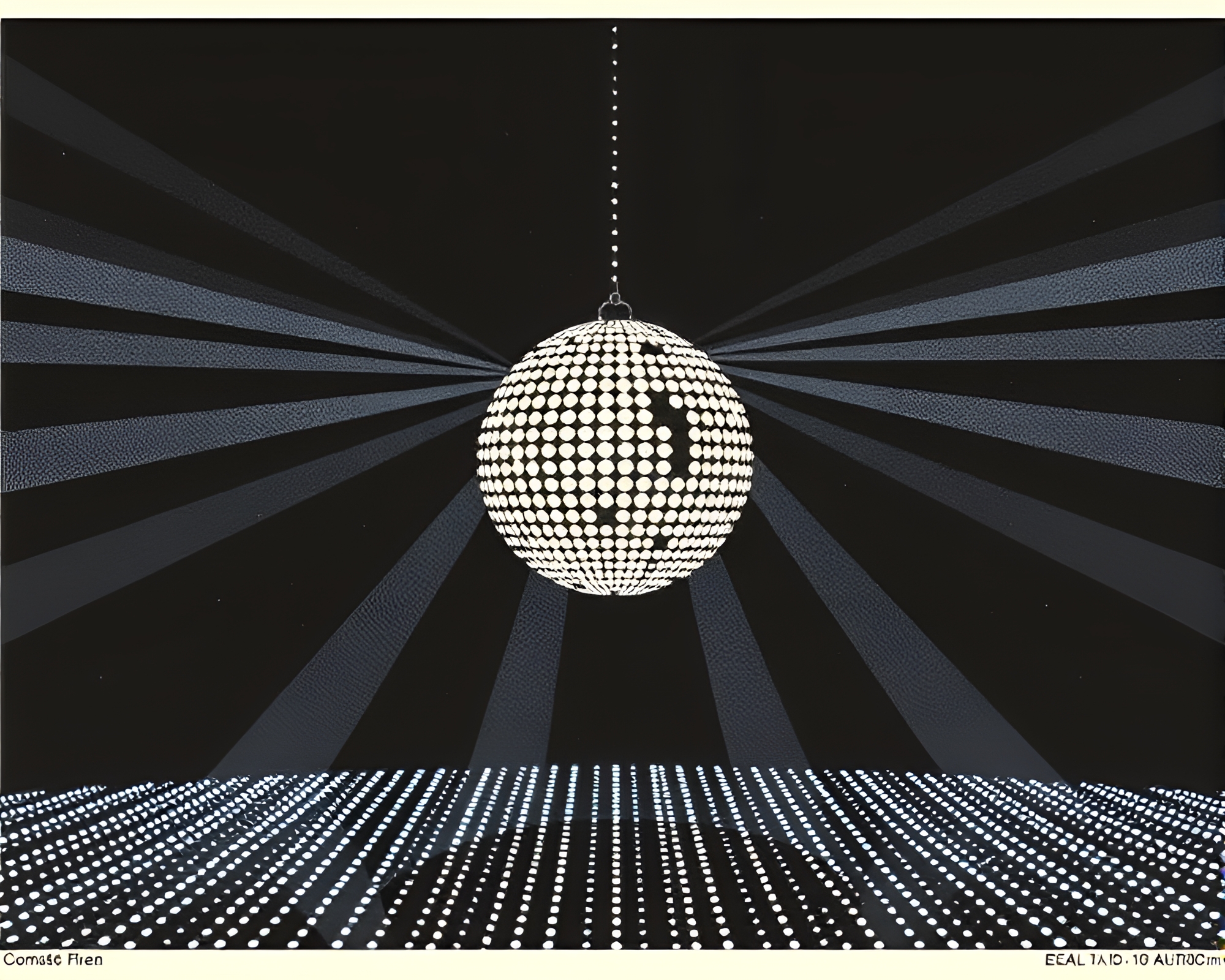 Glimmering disco ball baguette in linocut LED grid – free AI stock image