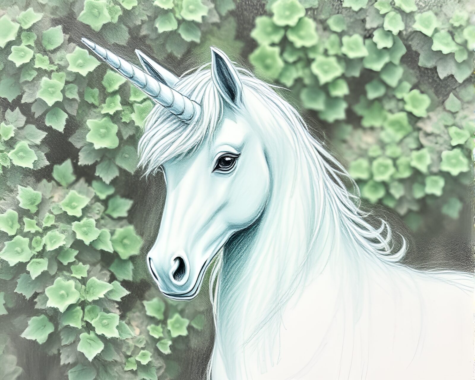 Pencil sketch of unicorn surrounded by mint green lichen