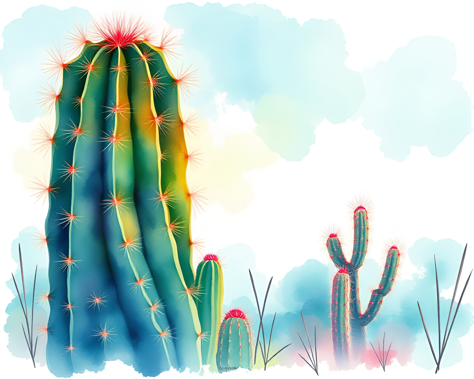 Teal Neon Cactus Serenity: Wildlife Watercolor Encounter – free AI stock image