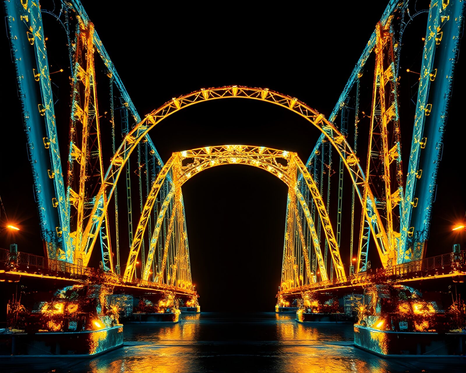 Ethereal x-ray of a sleek arch bridge with golden highlights
