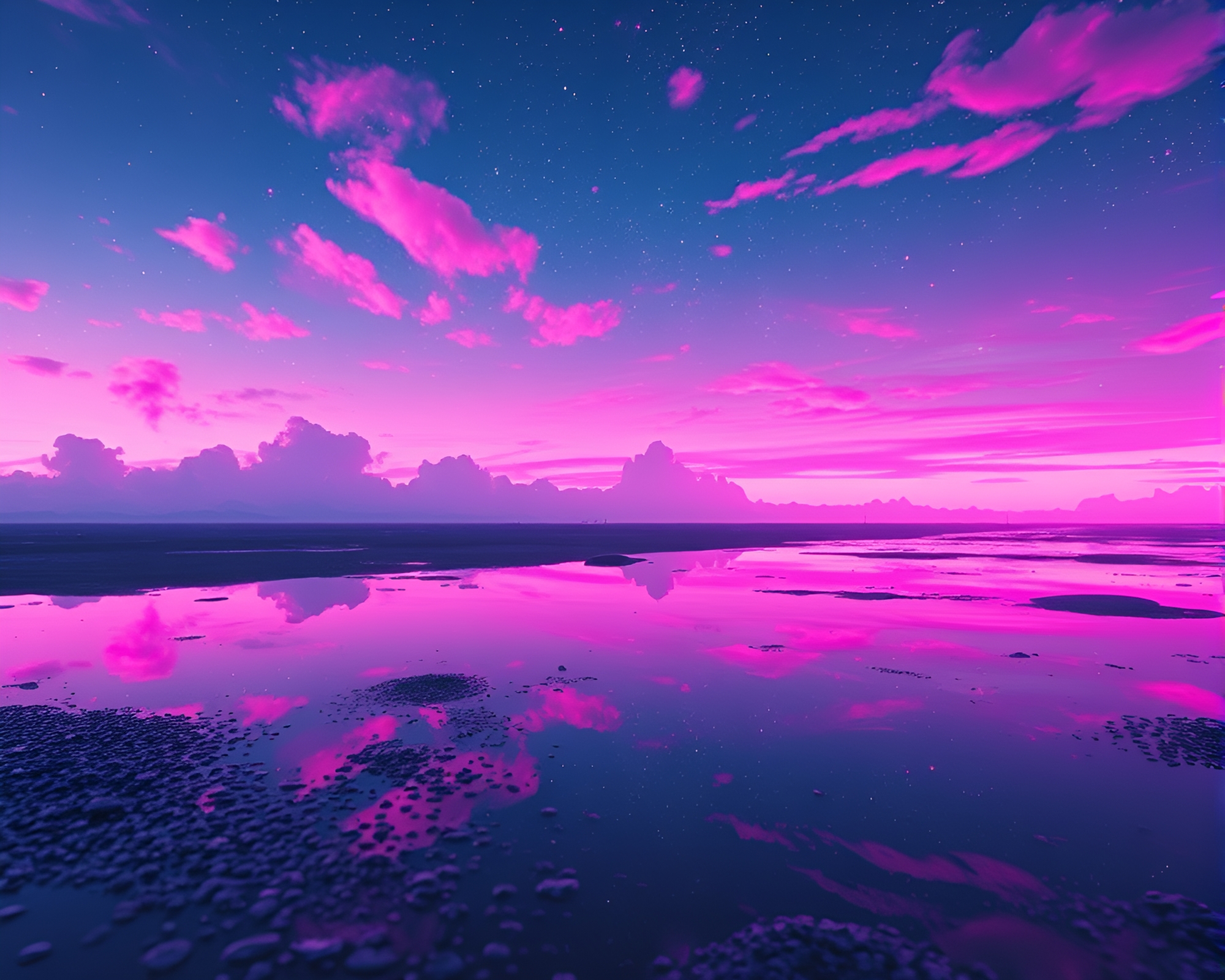 Vaporwave Cyborg Mirage in Starlit Puddle Reflection – free AI stock image