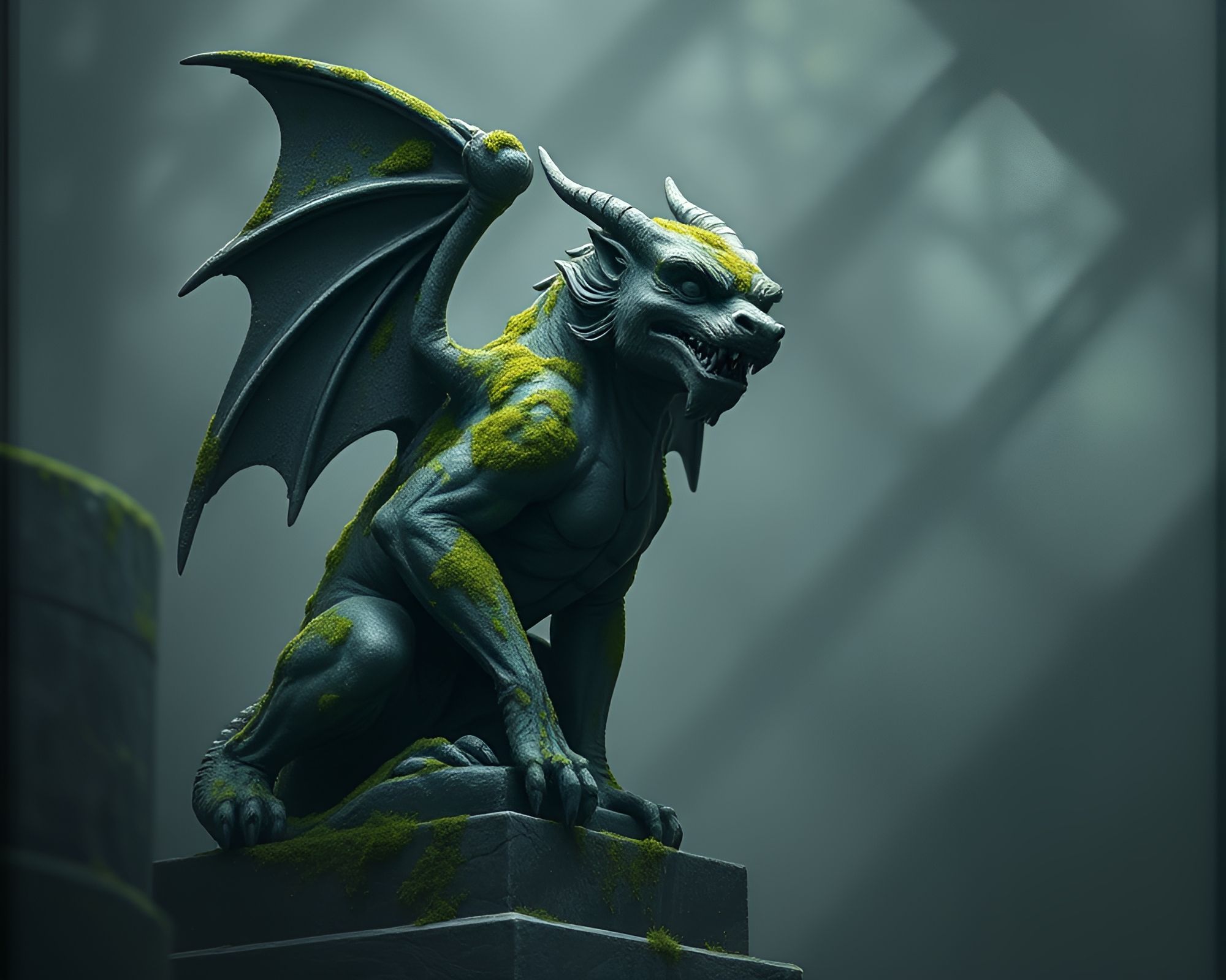 Gargoyle Statue in Mossy Ambiance – free AI stock image