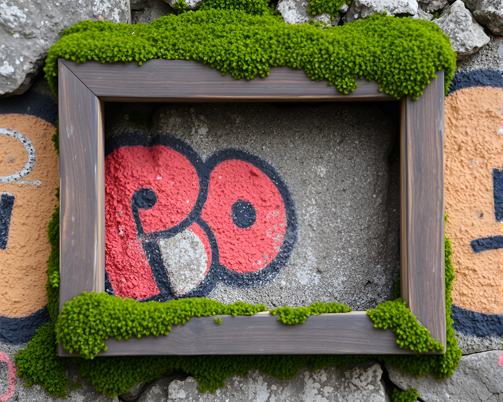 Moss-Covered Rock in Graffiti Polaroid Frame – free AI stock image