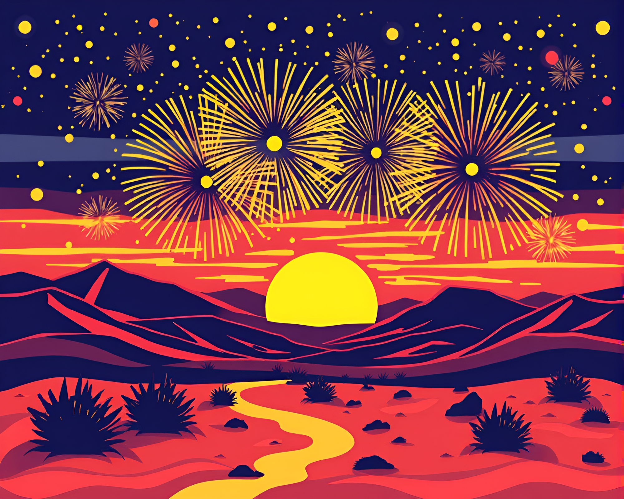 Circuit Board Fireworks Bursting in Desert Stencil Art – free AI stock image