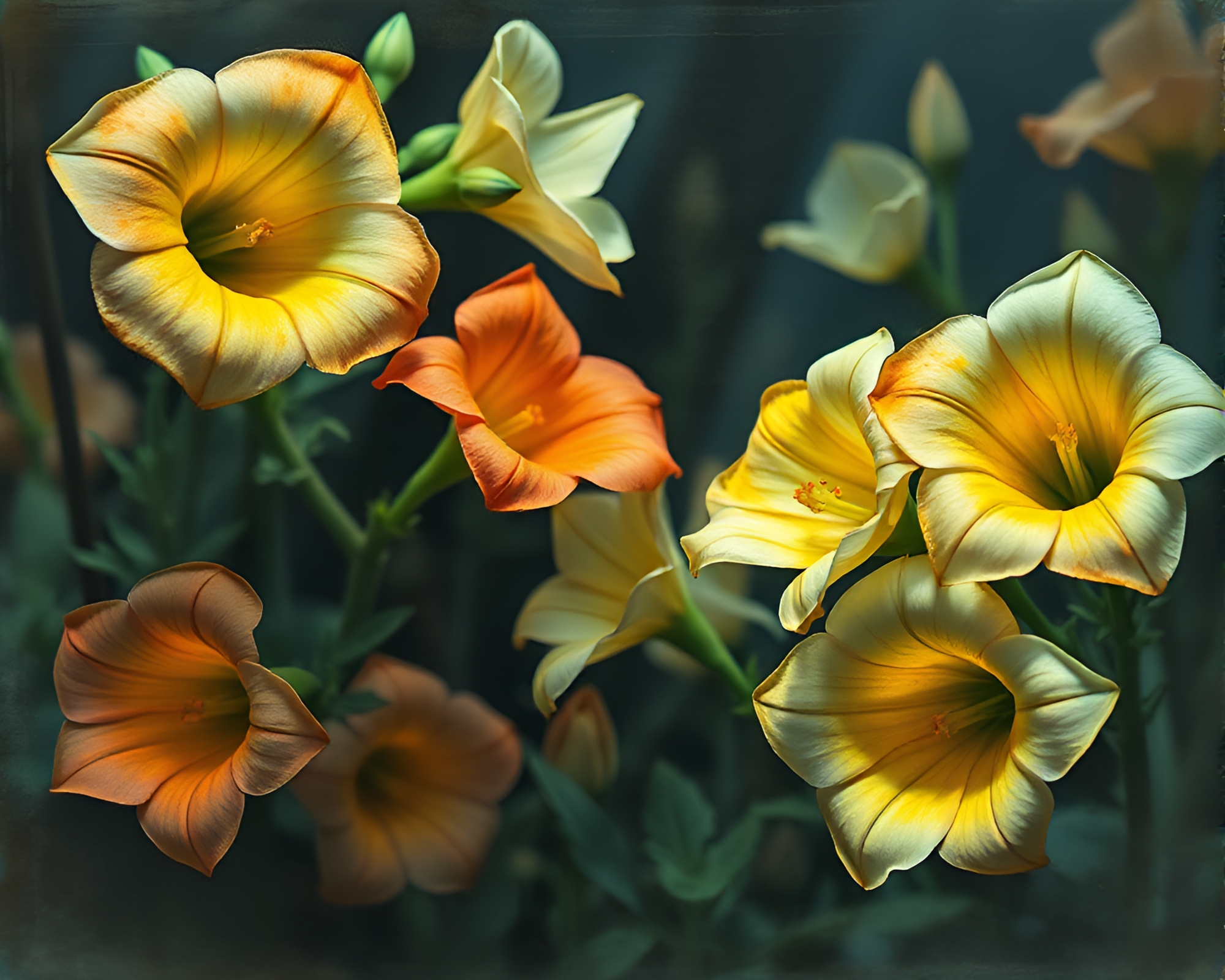 Trumpet Bloom: Telephoto Watercolor Composition – free AI stock image
