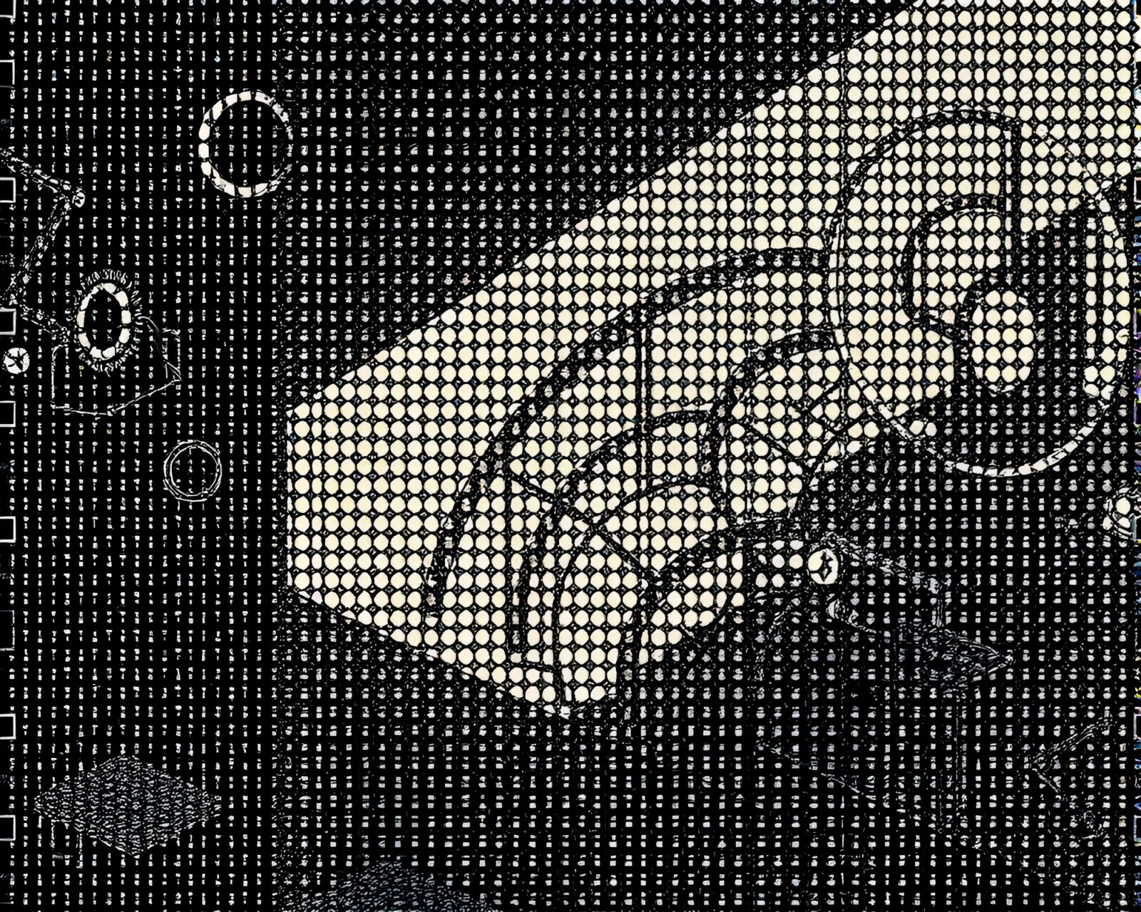 Illustration of a halftone grid hologram in attic shadow