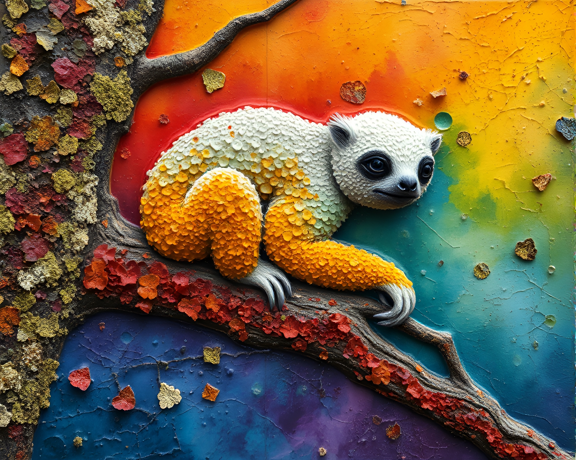 Vivid Rainbow Sloth Encaustic Painting with Lichen Texture – free AI stock image