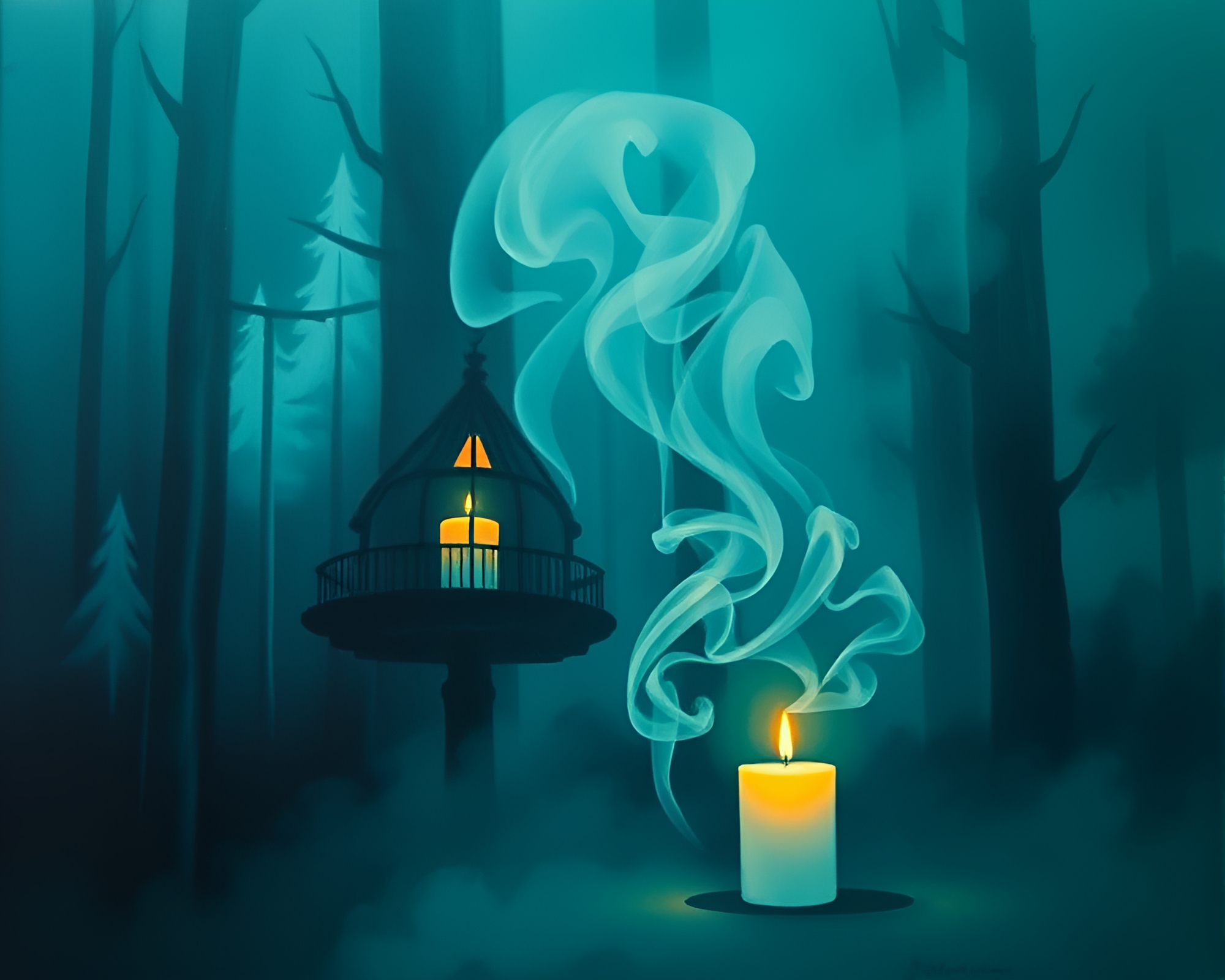 Teal Serenity: Treehouse Candle Smoke Light Painting – free AI stock image