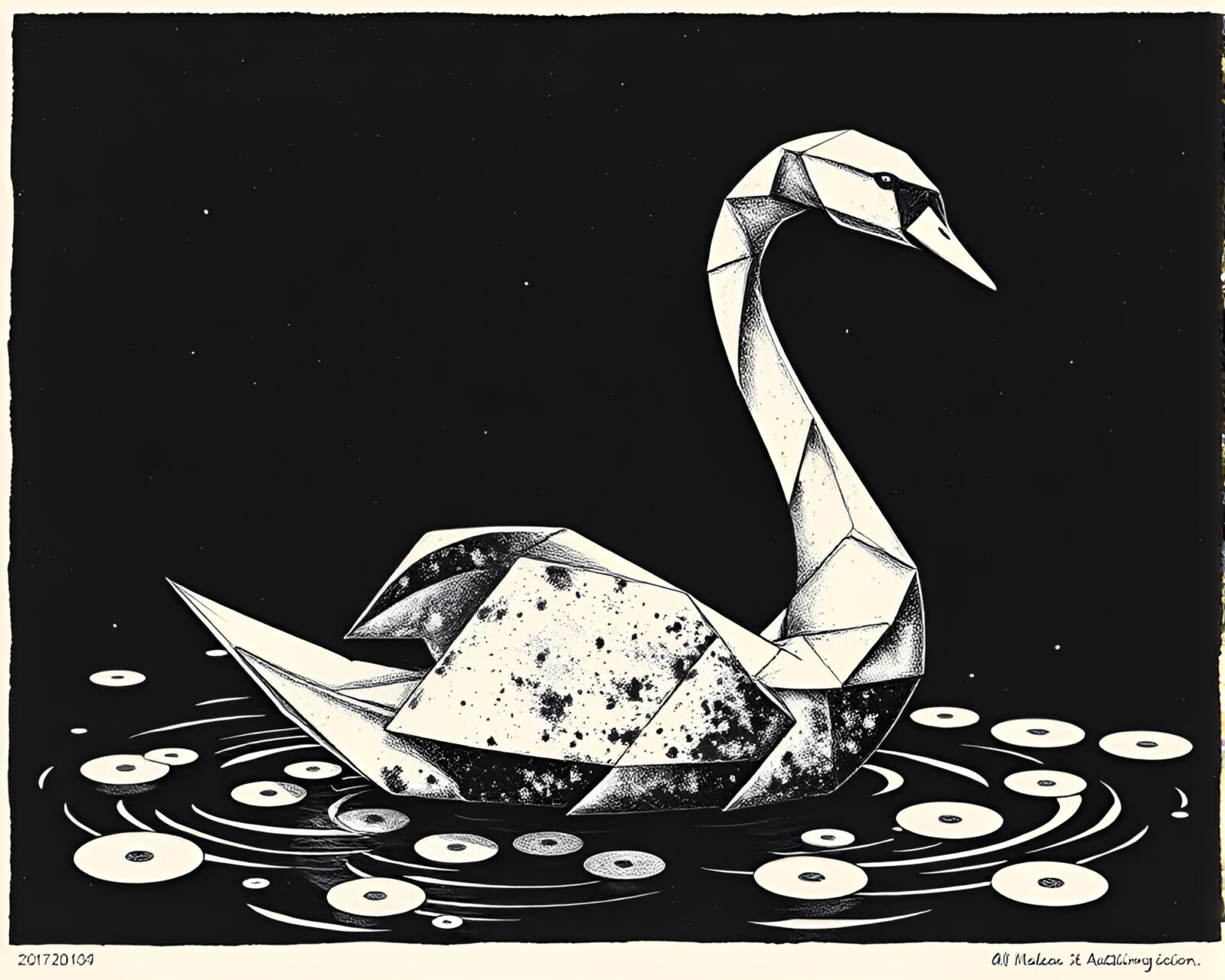 Dark and light contrast linocut of an origami swan