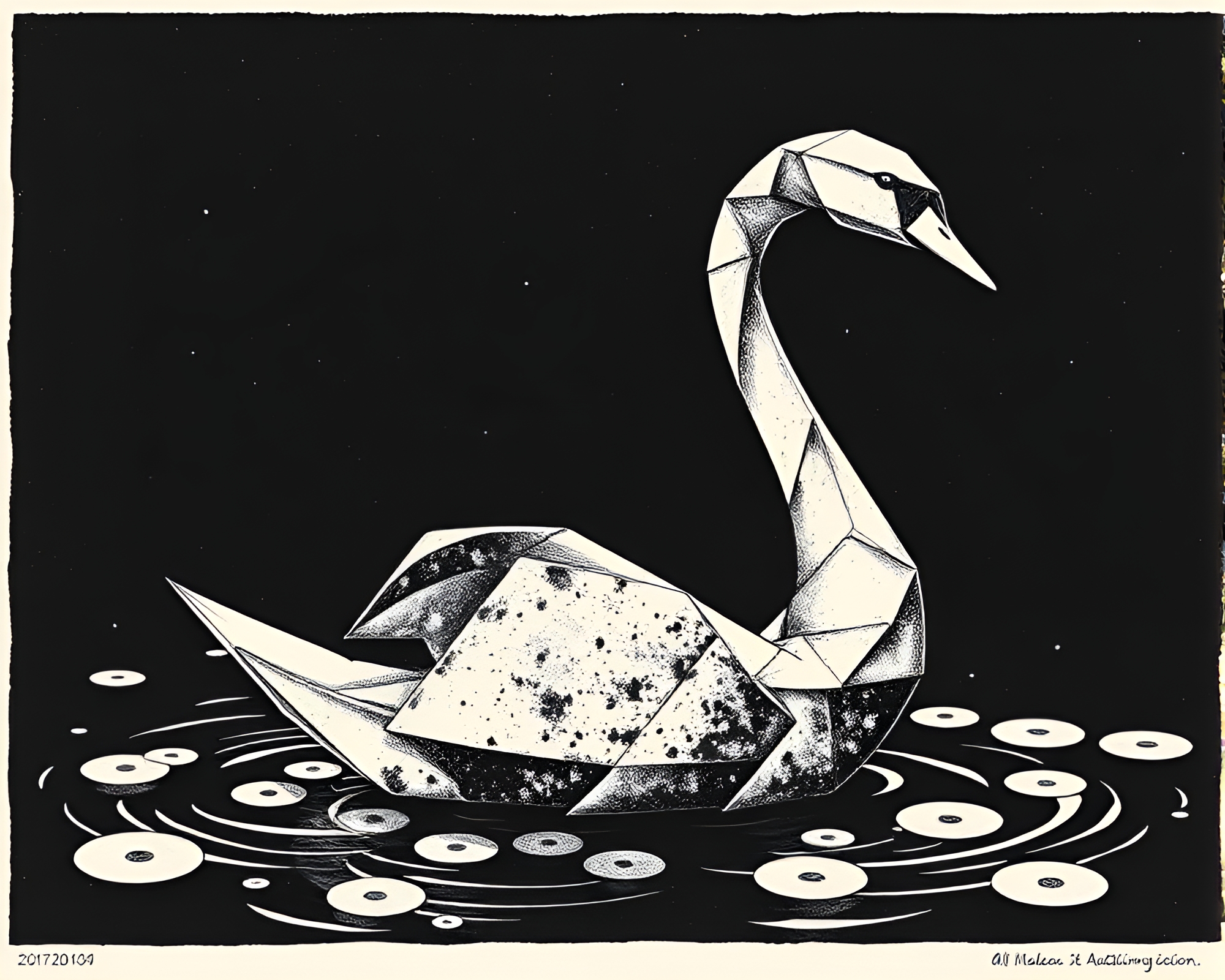 Dramatic Origami Swan Amidst Chiaroscuro Linocut Print – free AI stock image
