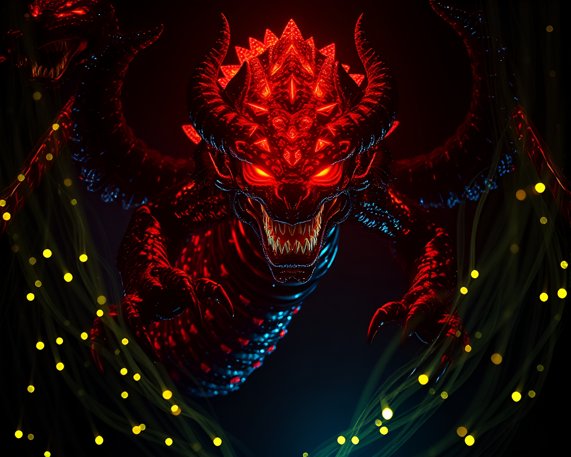 Glowing Kraken Emerging from Fiber Optic Depths – free AI stock image