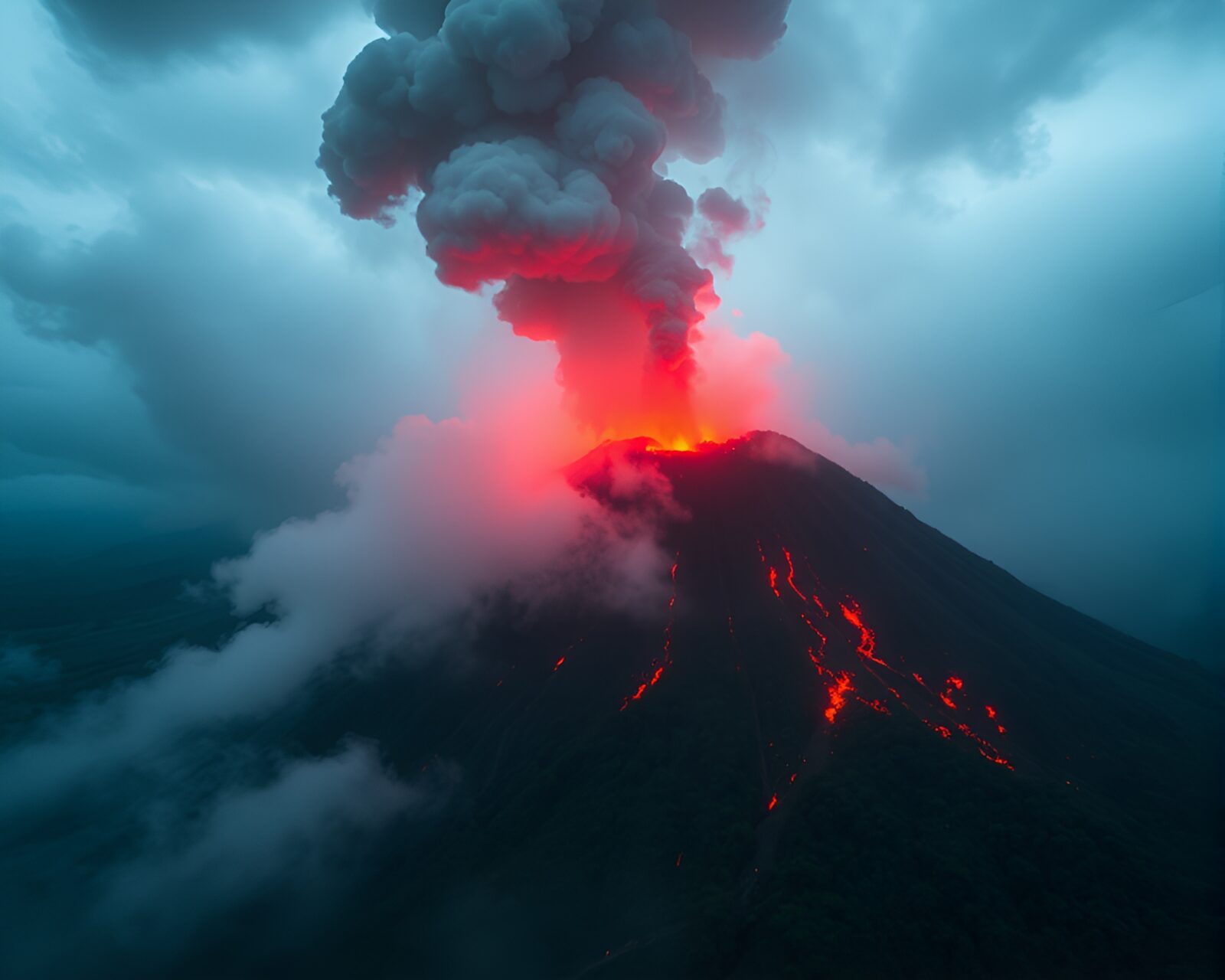 Smoke plume swirling through red-lit rainforest canopy under an erupting volcano