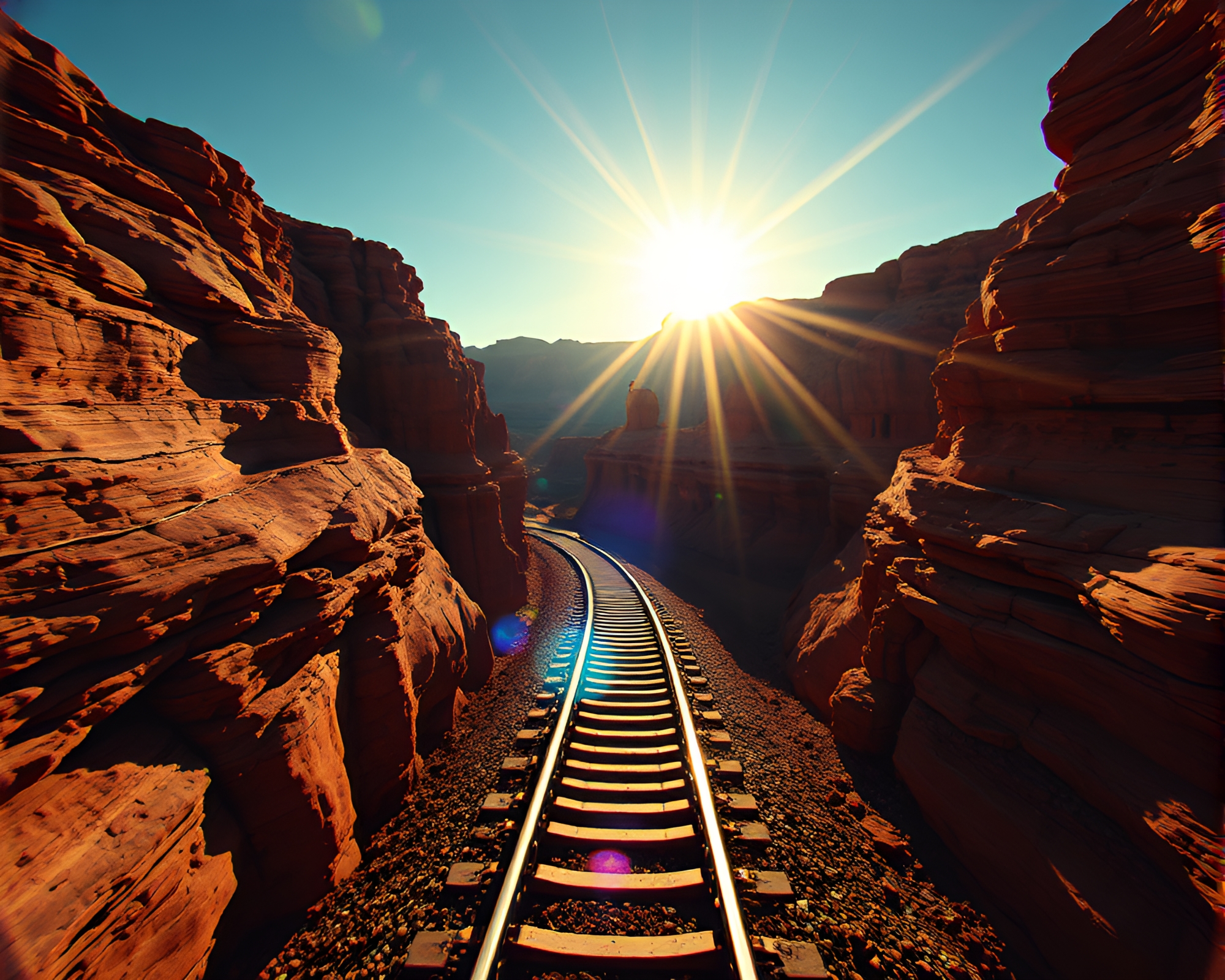 Sunburst Lens Train in Rust Canyon Glitch Art – free AI stock image
