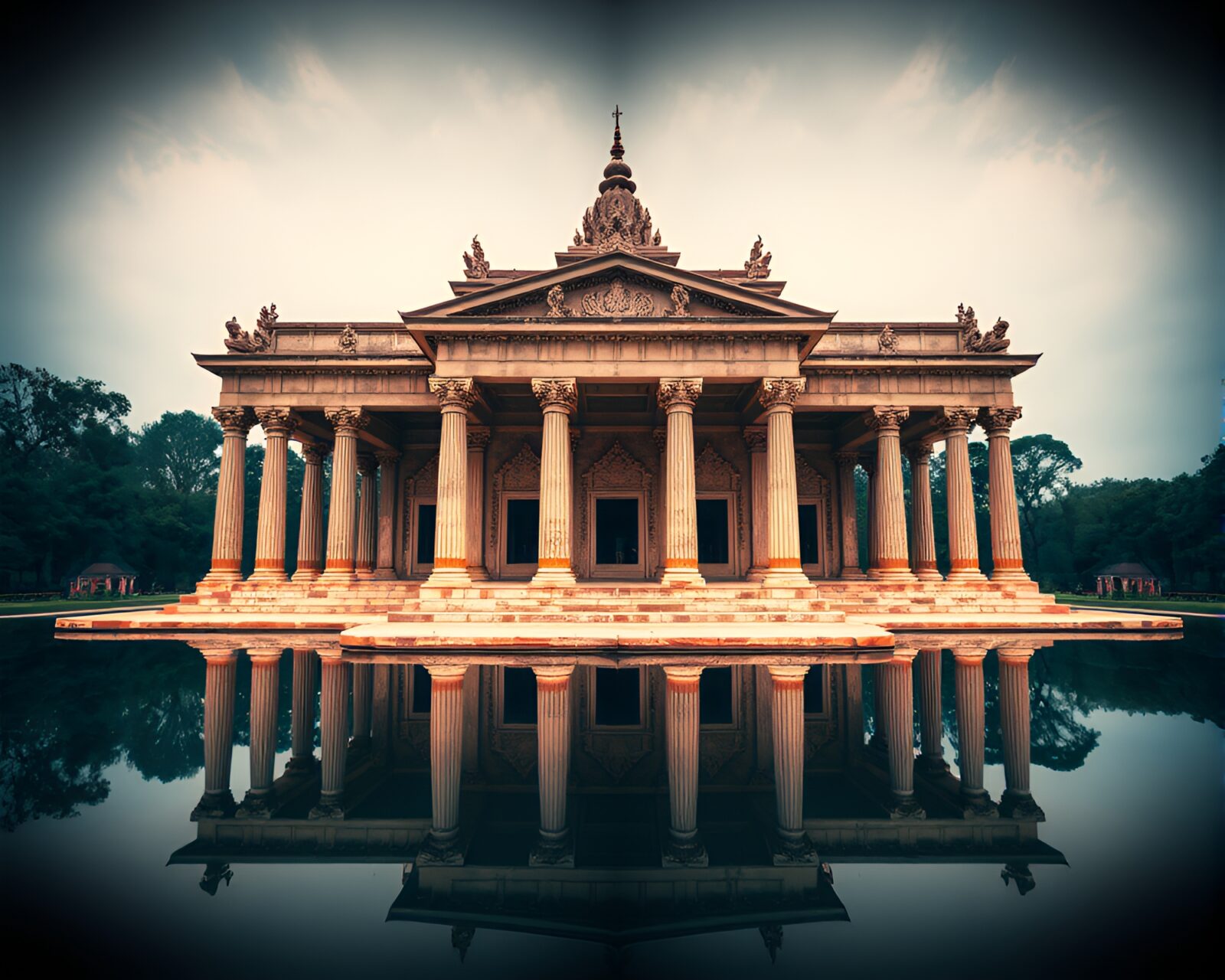 High dynamic range photo of flickering CRT-lit temple