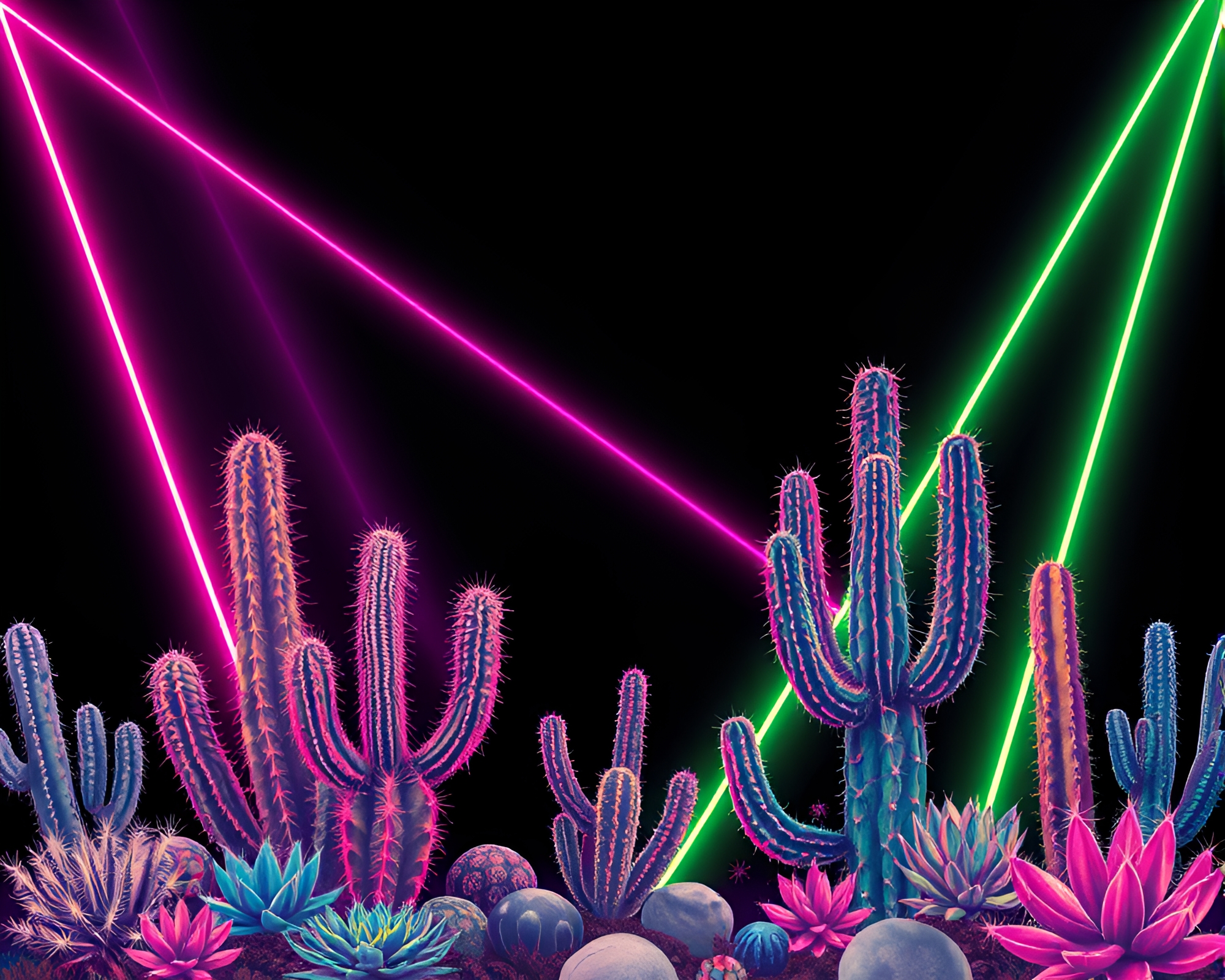 Neon Cactus Oasis with Laser Beam Lights – free AI stock image