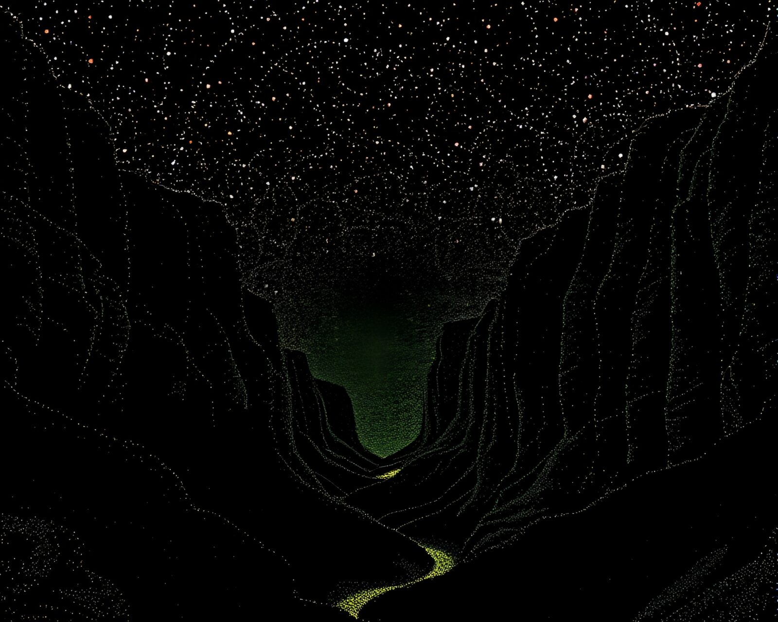 Abstract canyon scene with pointillist style dots and film grain texture
