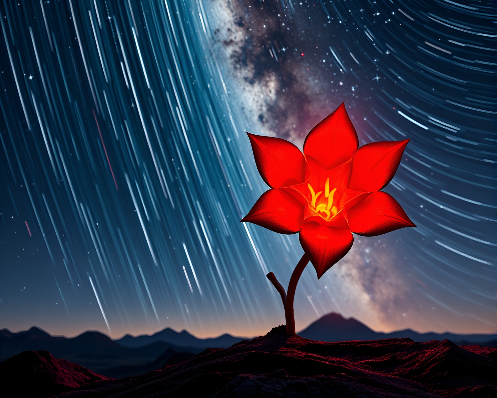 Origami Flower Star Trails in Volcano Glow – free AI stock image