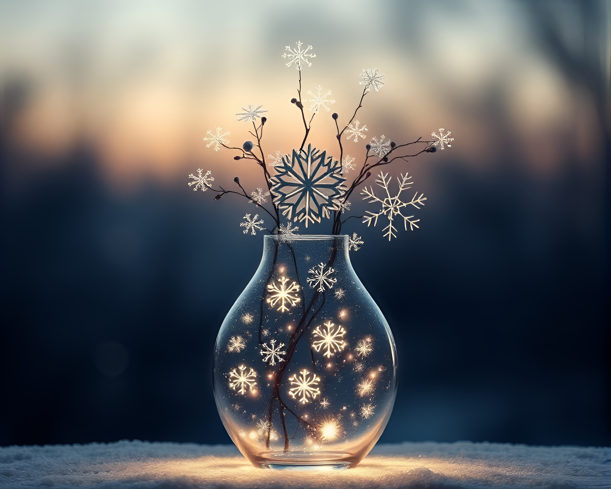 Elegant Snowflake Vase Backlit Line Art Silhouette – free AI stock image