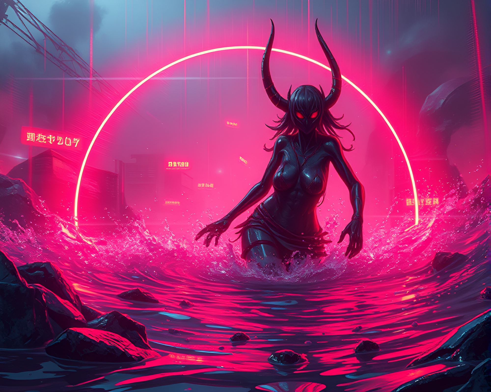 Cyberpunk Siren Distorted in Water with Rim Lighting – free AI stock image