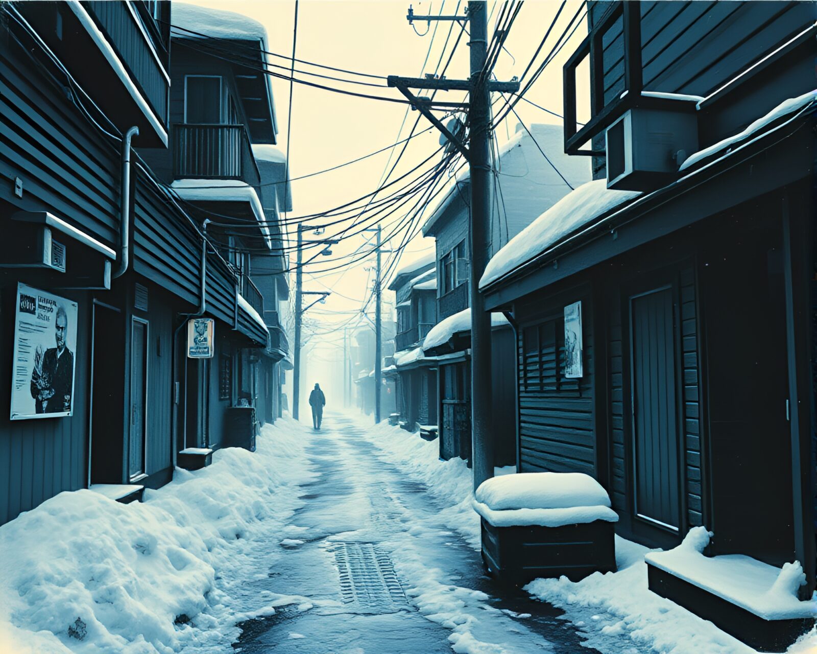 Photorealistic depiction of futuristic alley in snowstorm